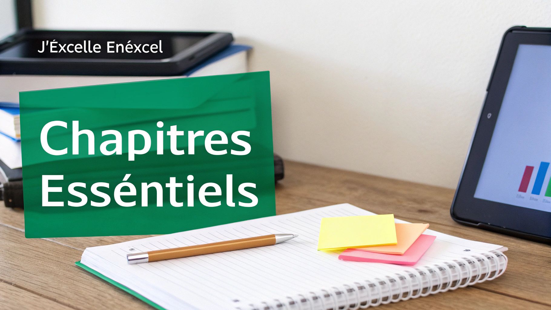 Image d'un bureau avec une pancarte verte "Chapitres Essentiels", une tablette, des livres et des notes. Matériel d'étude pour Excel.