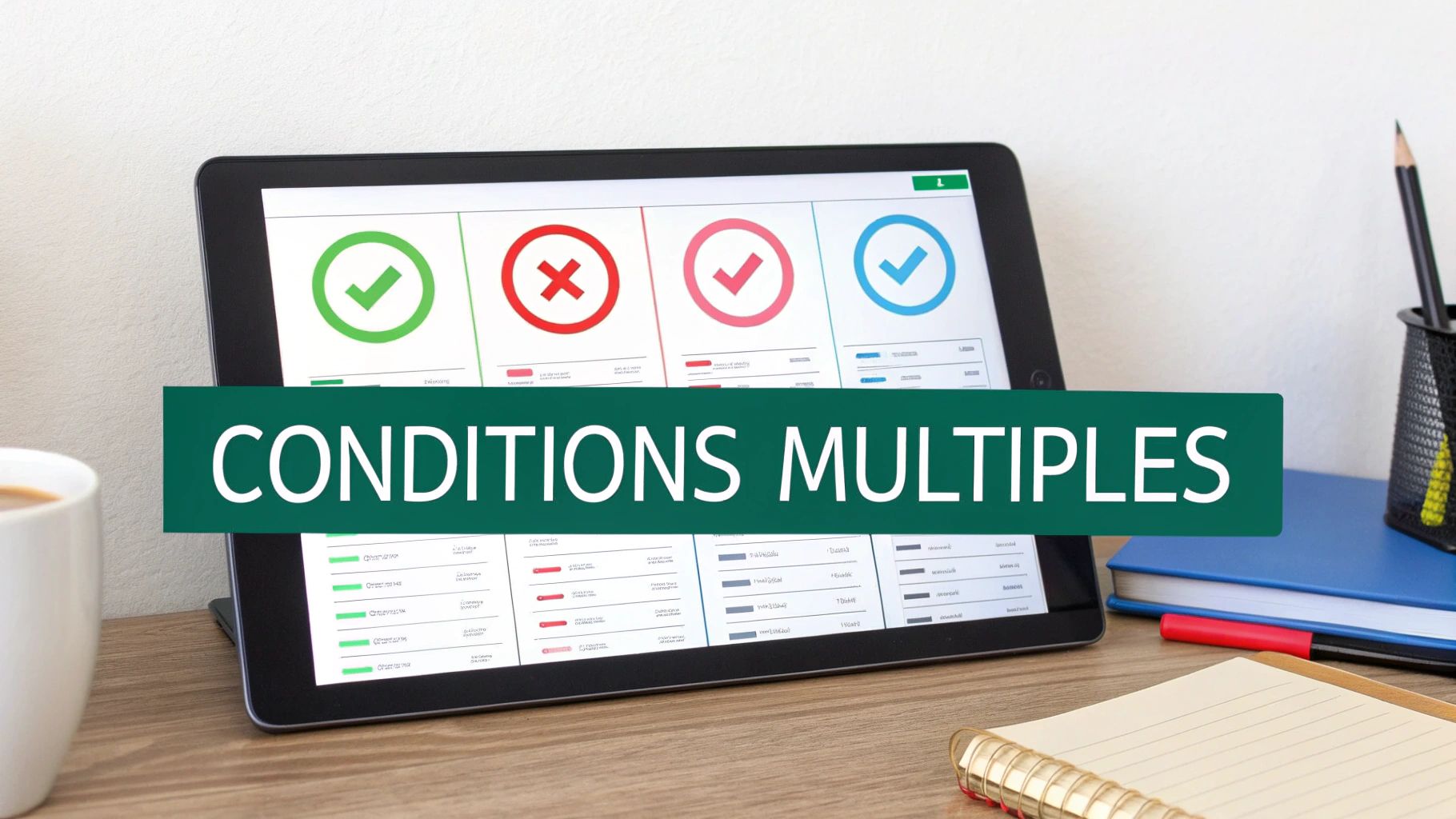 Une tablette sur un bureau affiche des icônes de validation et d'échec, avec le texte "CONDITIONS MULTIPLES".