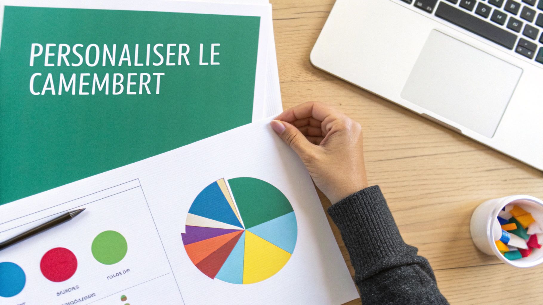 Main feuilletant des documents d'affaires avec un graphique en camembert et un ordinateur portable sur un bureau en bois.