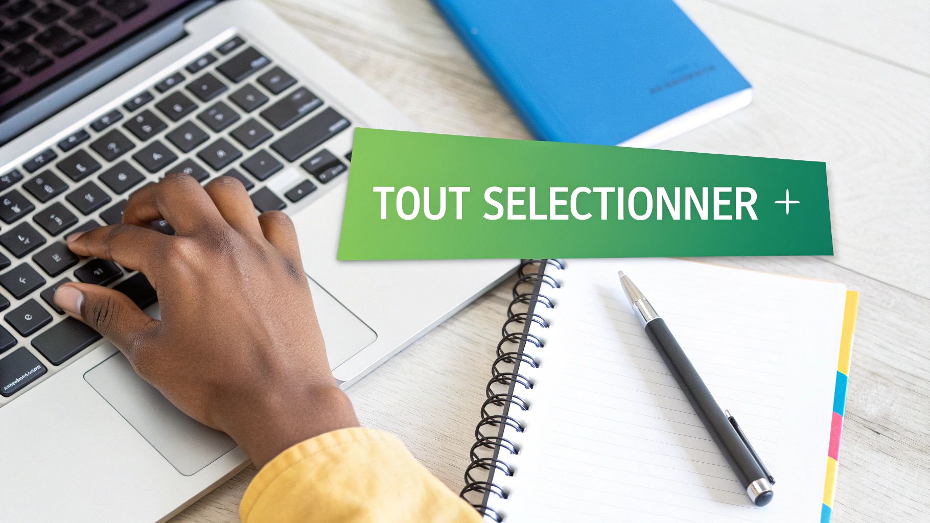 Une main tape sur un clavier d'ordinateur portable. Un bandeau vert affiche "TOUT SÉLECTIONNER +", près d'un carnet et d'un stylo.