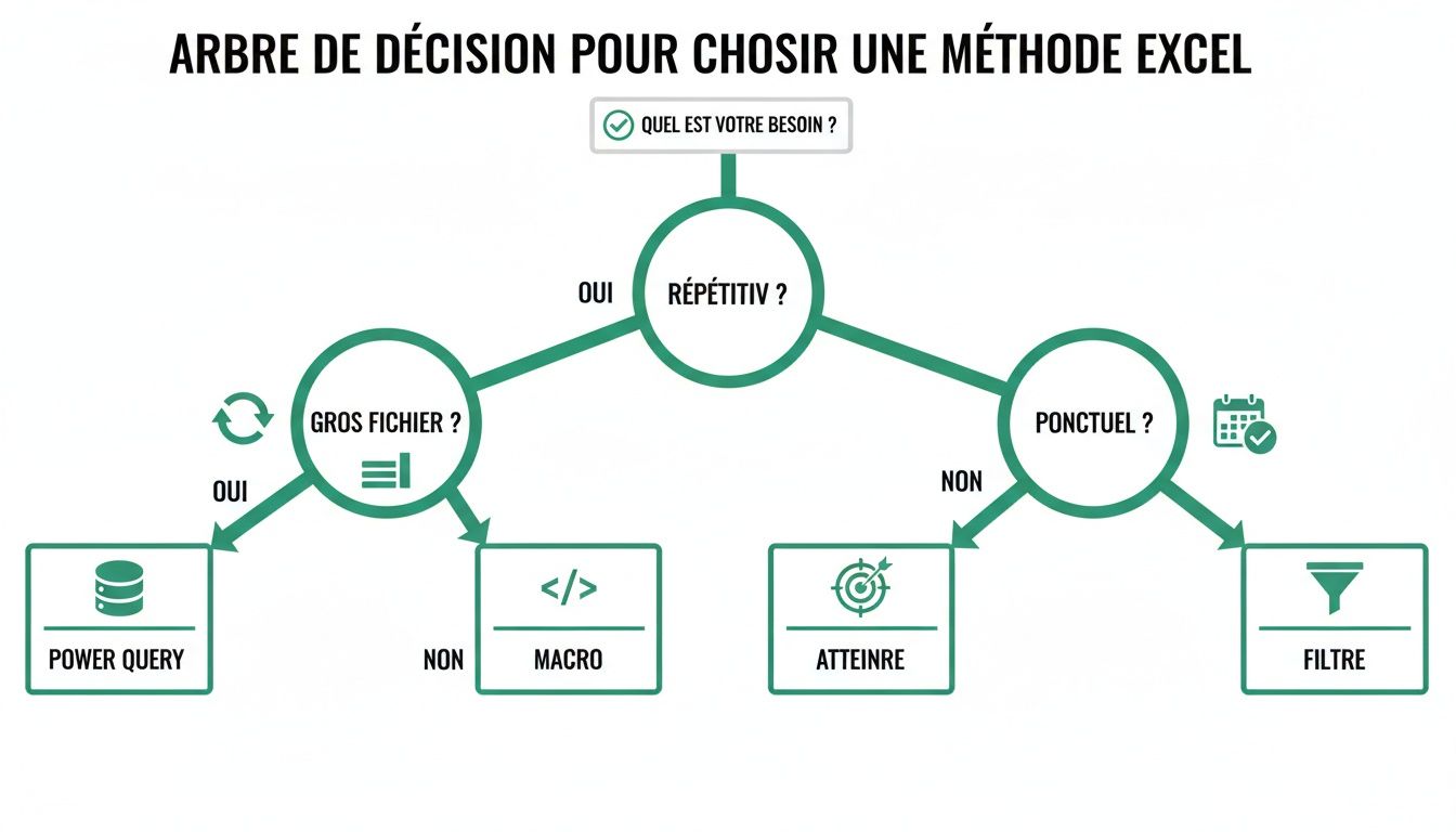 Arbre de décision visuel pour choisir la meilleure méthode Excel selon vos besoins et la nature de la tâche.