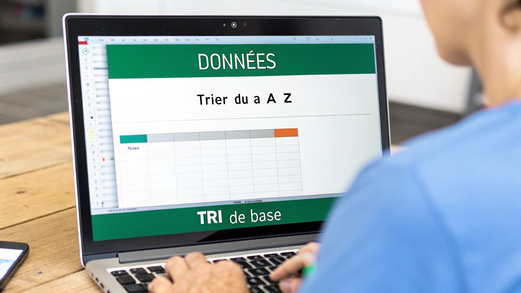 Une personne utilise un ordinateur portable affichant un tableau Excel avec des options de tri de données en français.