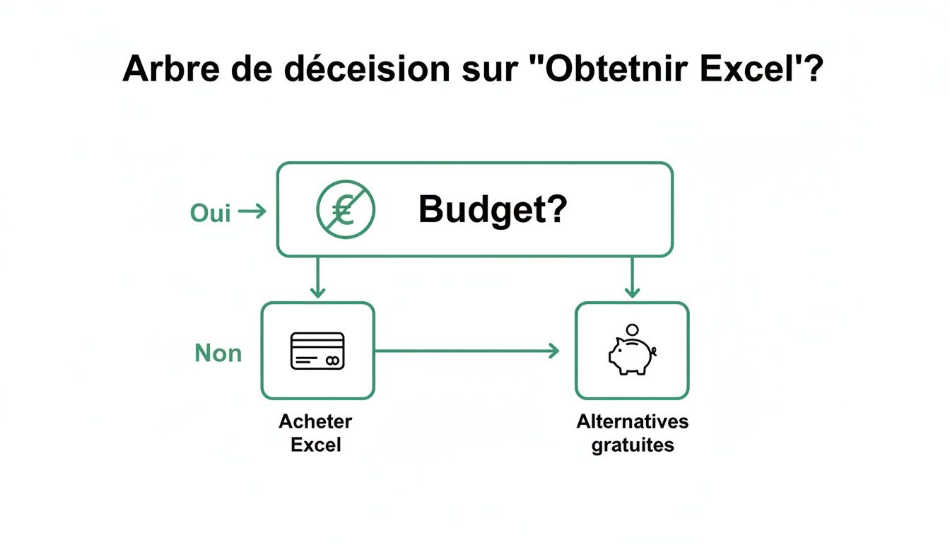 Un arbre de décision sur comment obtenir Excel. Si budget disponible, acheter Excel; sinon, utiliser des alternatives gratuites.