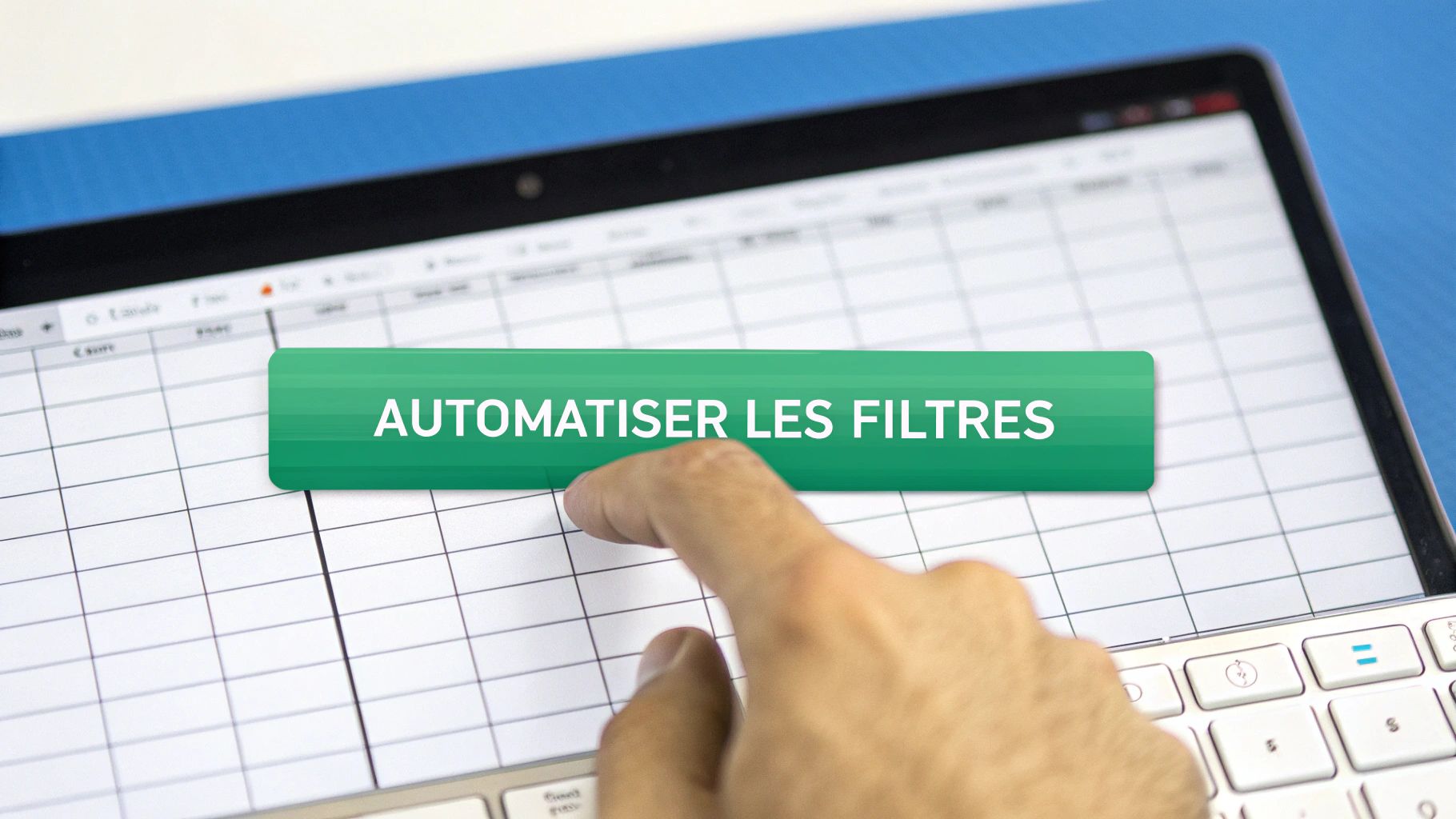 Une main touche un écran d'ordinateur portable affichant un bouton vert "AUTOMATISER LES FILTRES" sur un tableur Excel.
