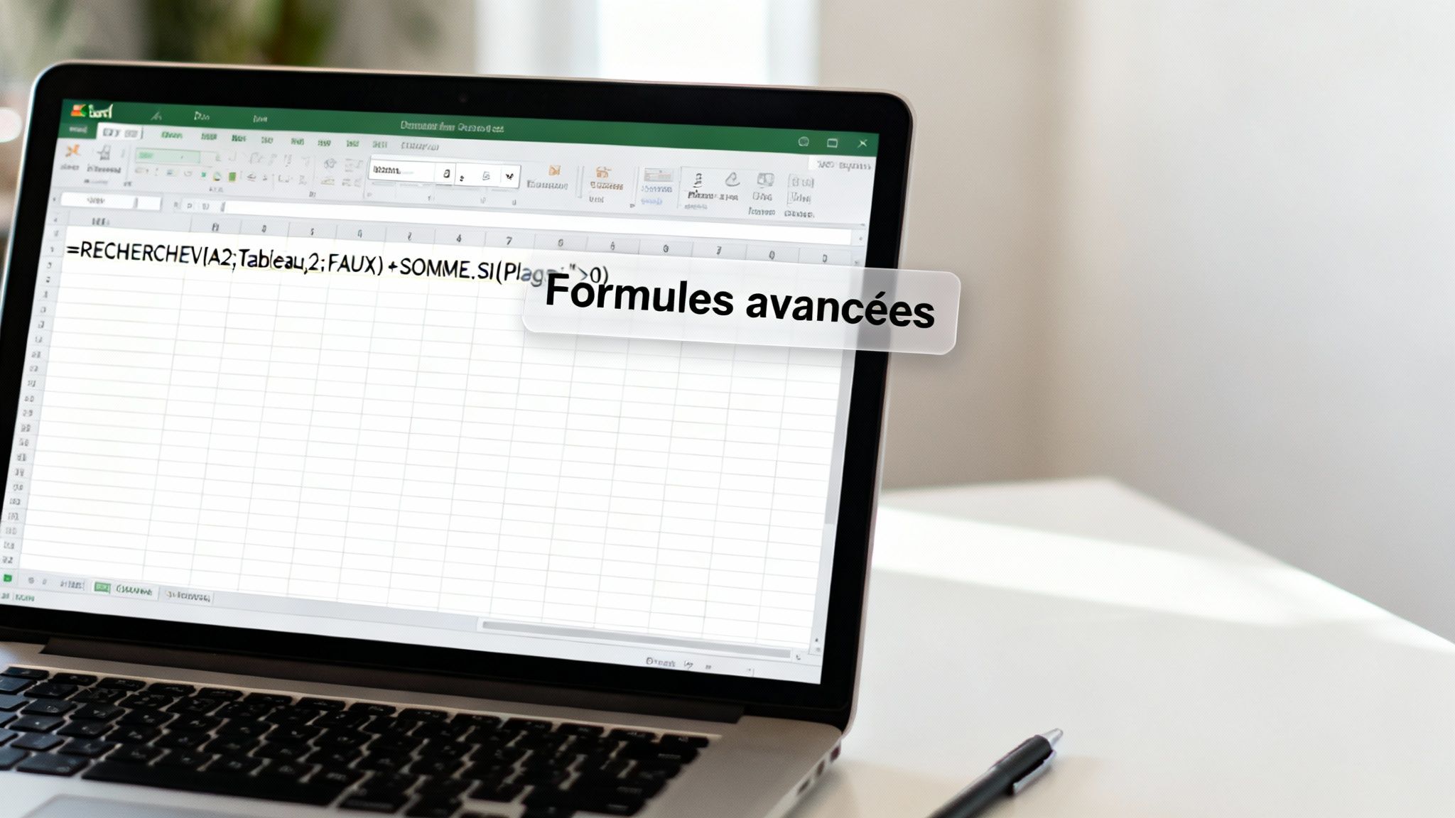Un ordinateur portable affichant une feuille de calcul Excel avec une formule complexe et le message « Formules avancées ».