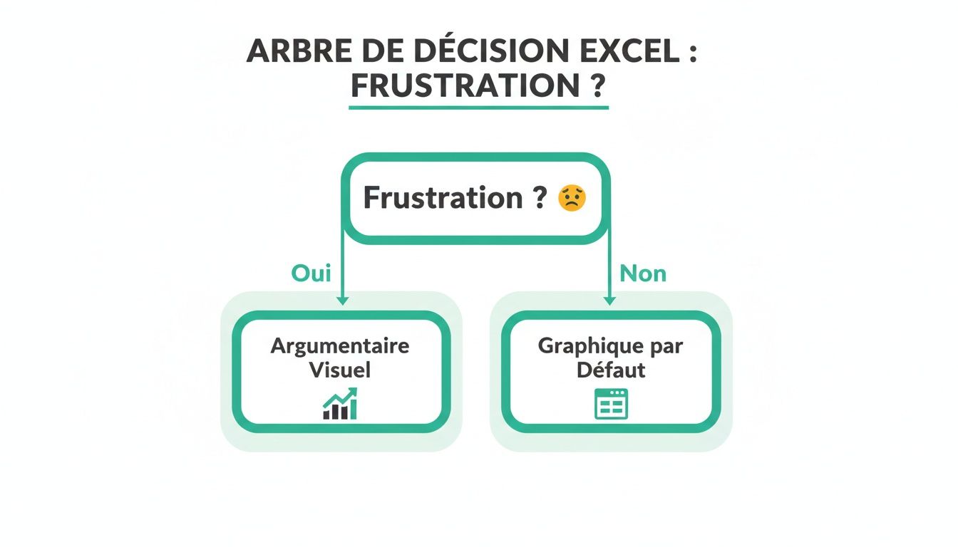 Arbre de décision Excel simple sur la gestion de la frustration, proposant des solutions visuelles ou des graphiques par défaut.