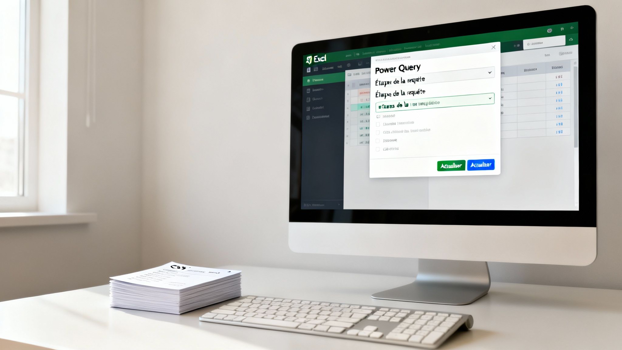 Écran d'ordinateur affichant une fenêtre Power Query dans Excel, avec des documents empilés sur un bureau blanc.