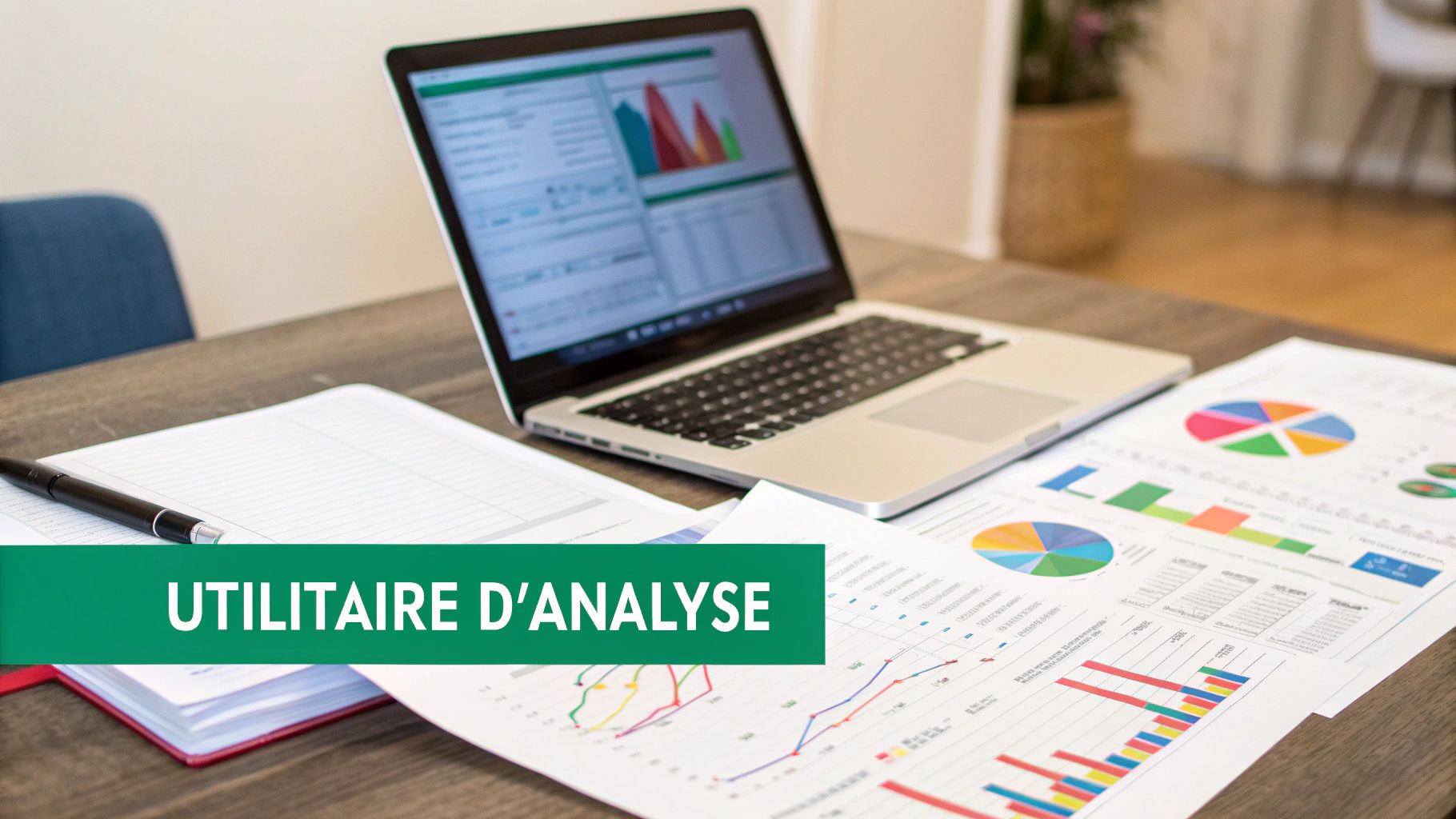 Un bureau avec un ordinateur portable affichant des graphiques, des documents imprimés et un carnet pour l'analyse de données.