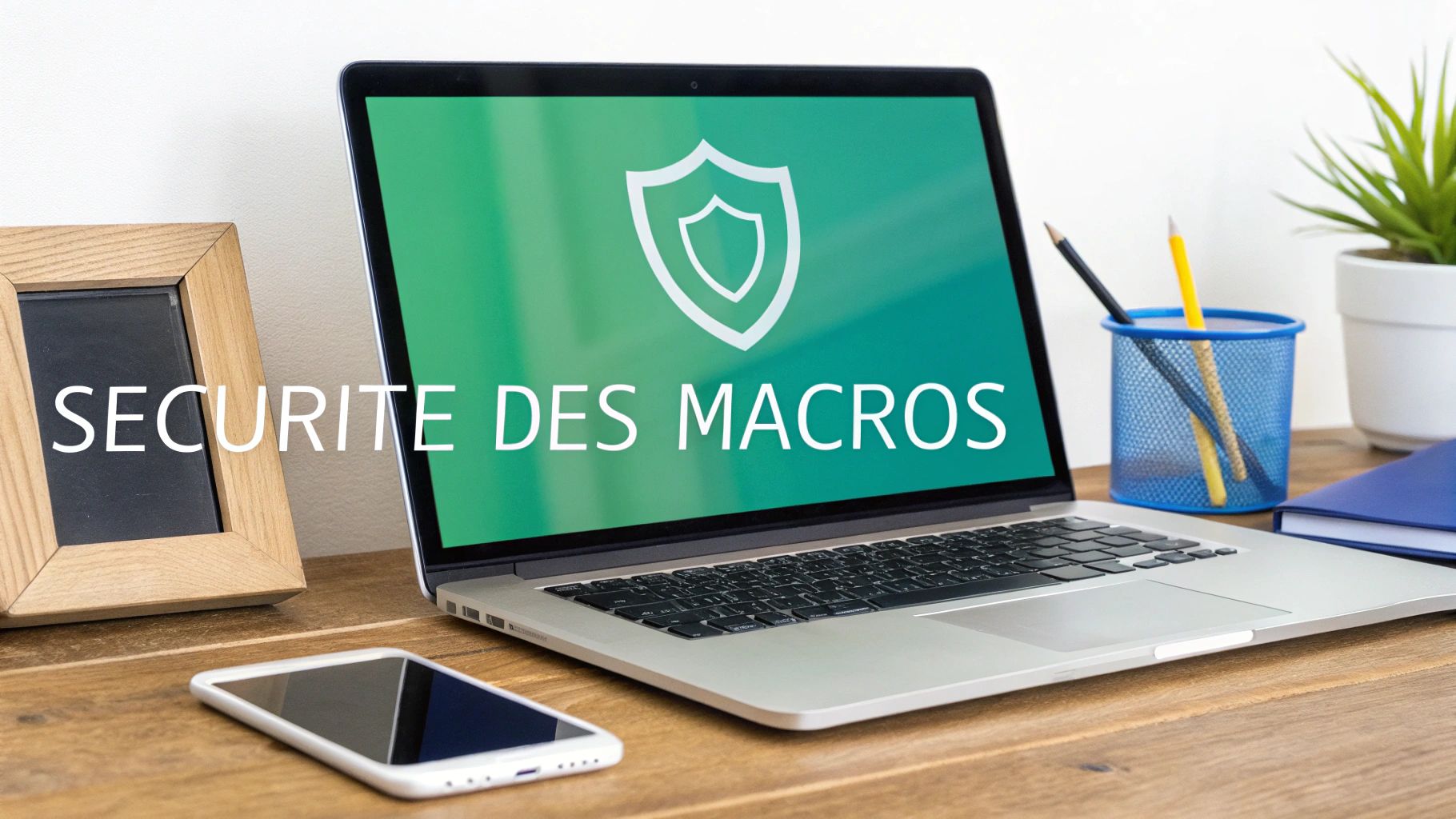 Un ordinateur portable affichant une icône de bouclier et le texte "SECURITE DES MACROS" sur un bureau en bois avec un téléphone.