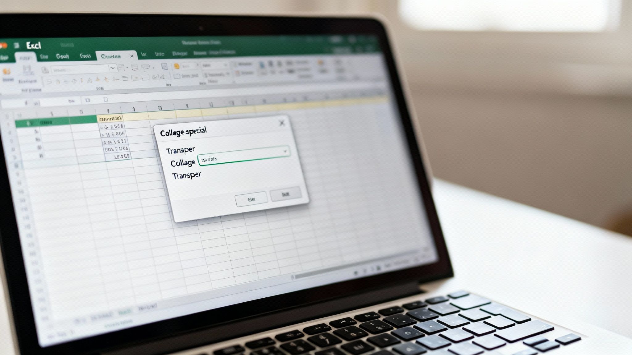 Un ordinateur portable affichant une feuille de calcul Excel avec une boîte de dialogue "Collage spécial" ouverte, suggérant une transposition.