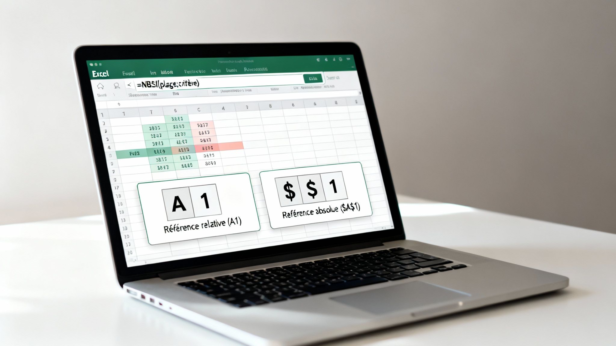 Ordinateur portable affichant une feuille de calcul Excel avec une formule NB.SI, des données, et des cartes expliquant les références de cellules relatives (A1) et absolues ($A$1).