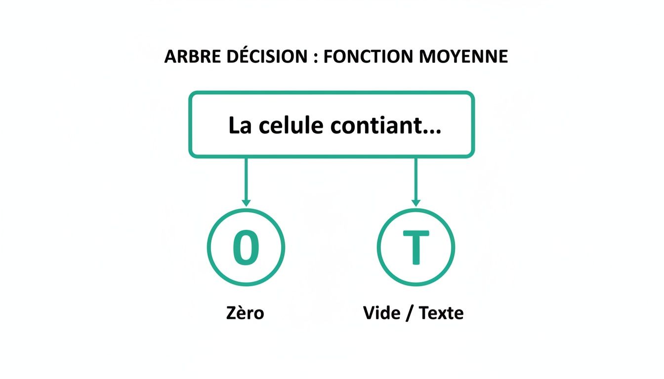Diagramme d'arbre de décision expliquant le comportement de la fonction MOYENNE dans Excel selon le contenu de la cellule : zéro ou vide/texte.