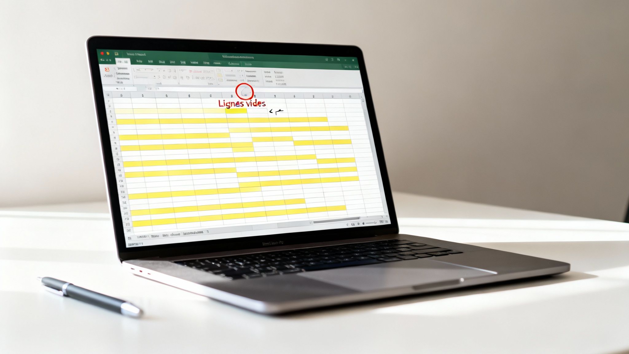 Ordinateur portable affichant une feuille de calcul Excel avec des lignes vides mises en évidence et des annotations en rouge. Un stylo est posé à côté.