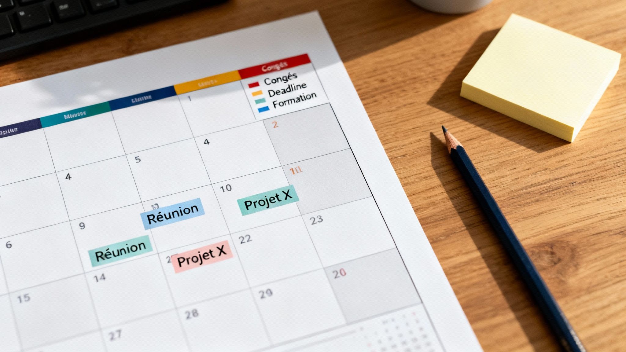 Un calendrier papier avec des événements marqués, un crayon et des post-it sur un bureau en bois.