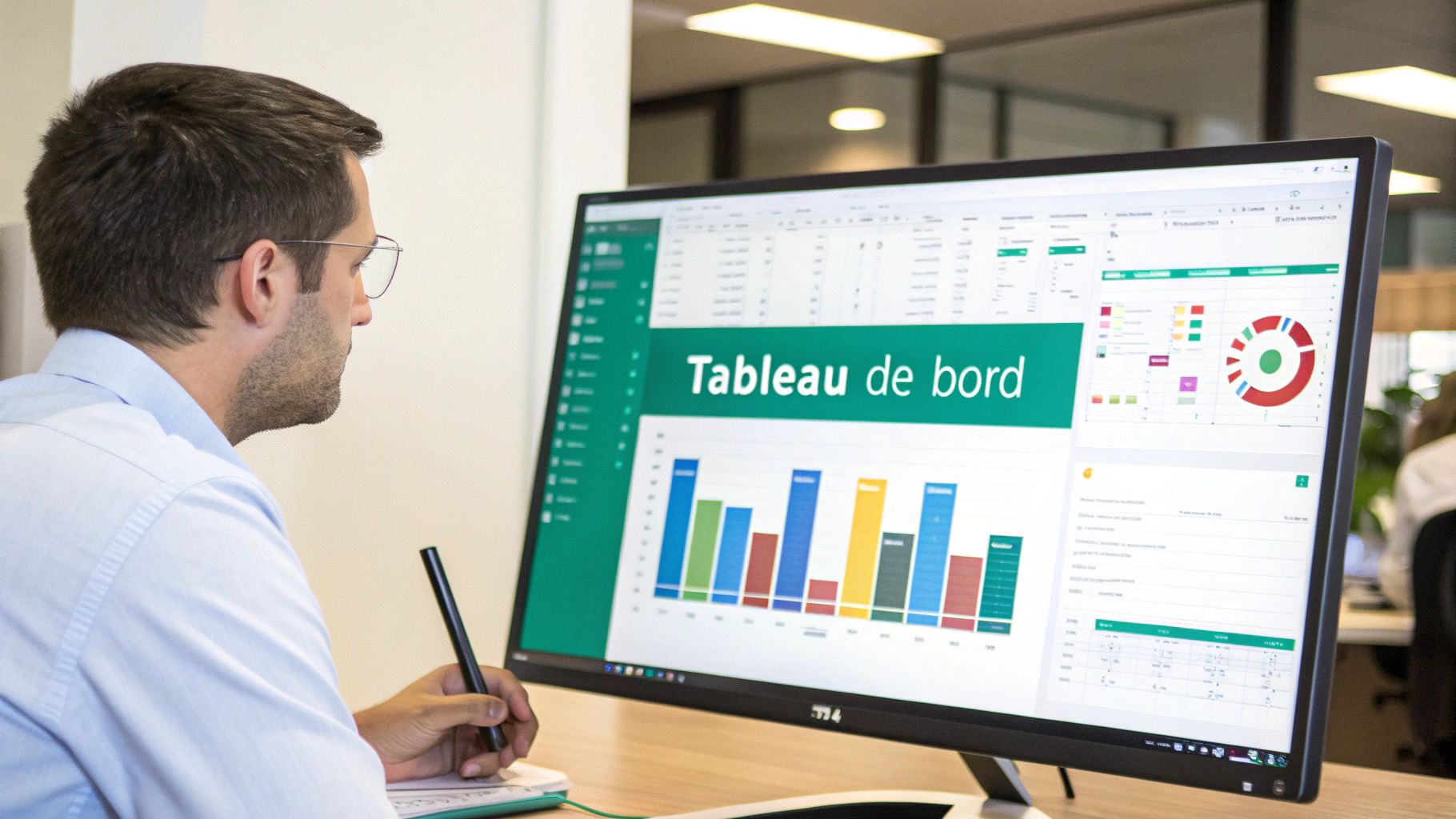 Un homme analyse un tableau de bord Excel sur son écran d'ordinateur et prend des notes avec un stylo.