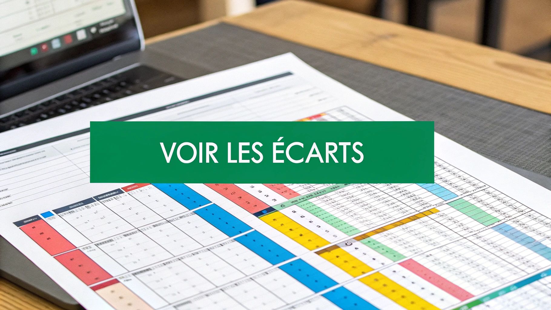 Document imprimé avec des tableaux colorés et un ordinateur portable, la bannière 'VOIR LES ÉCARTS' invite à analyser les différences.