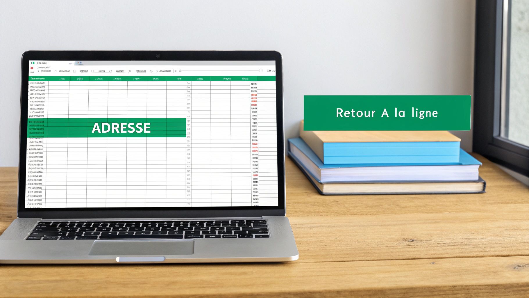 Un ordinateur portable affiche une feuille Excel avec le mot "ADRESSE" et un bandeau "Retour à la ligne".