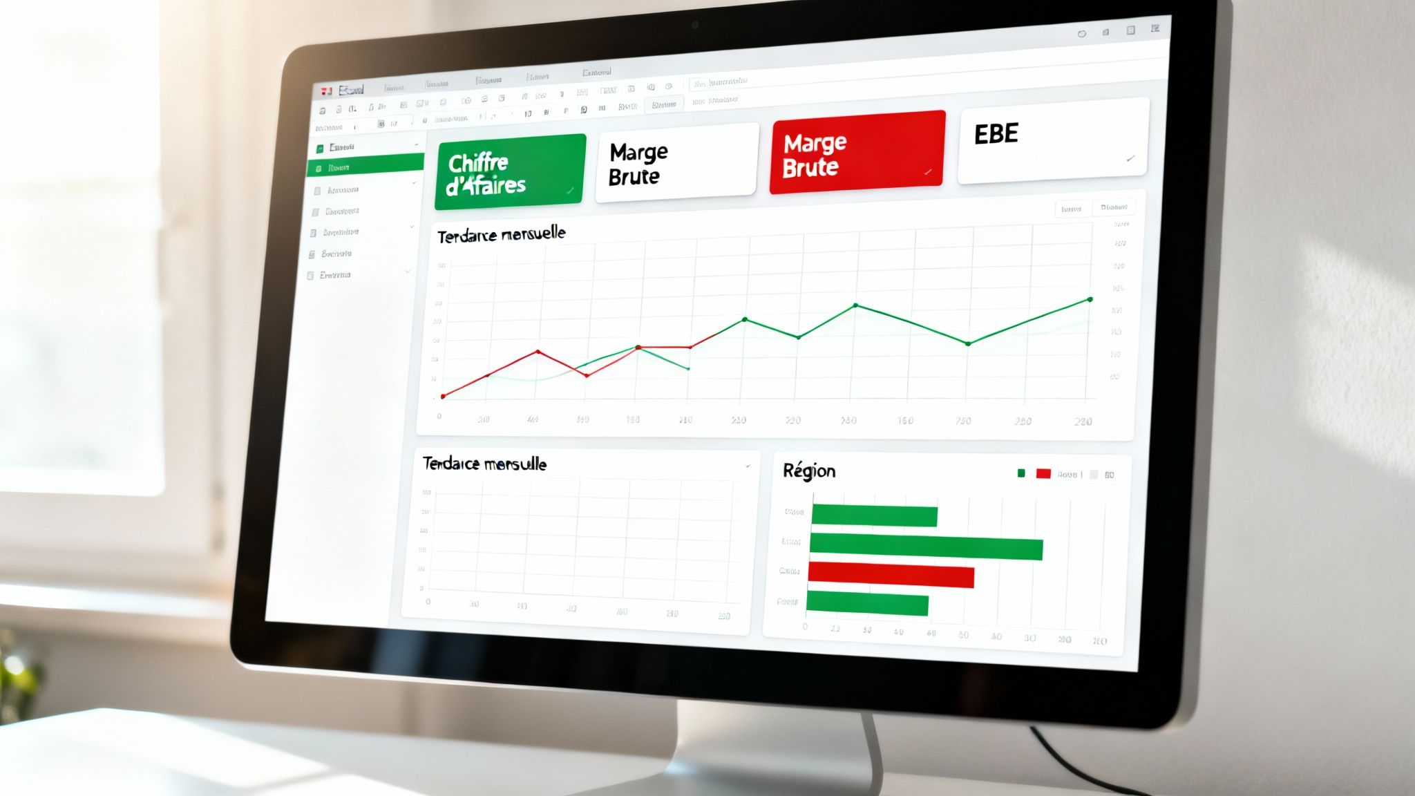 Tableau de bord financier affiché sur un écran d'ordinateur, avec graphiques de tendances et indicateurs de performance.