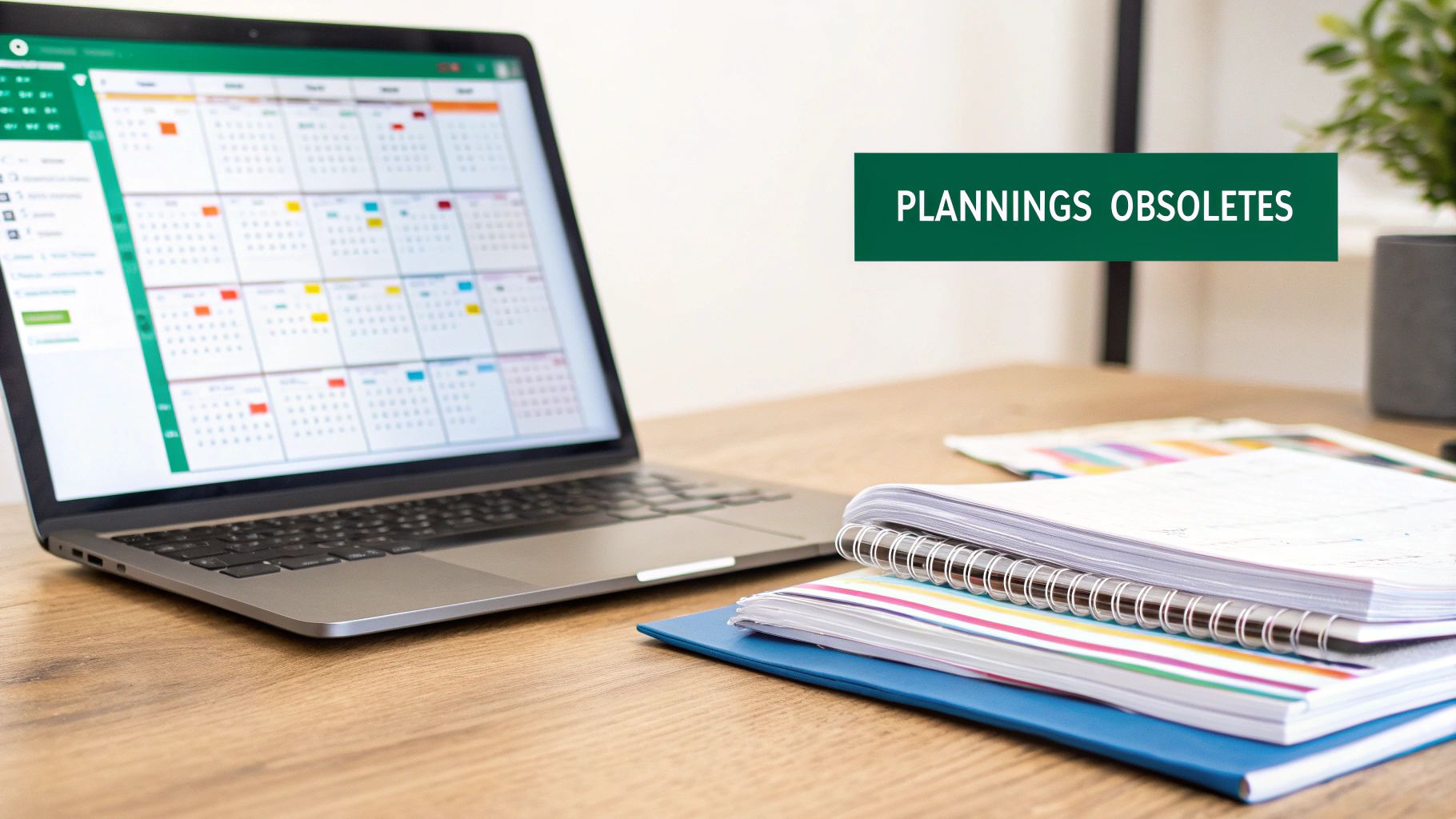 Un ordinateur portable affiche un calendrier numérique ouvert sur l'écran, posé sur un bureau en bois avec des cahiers et une plante.