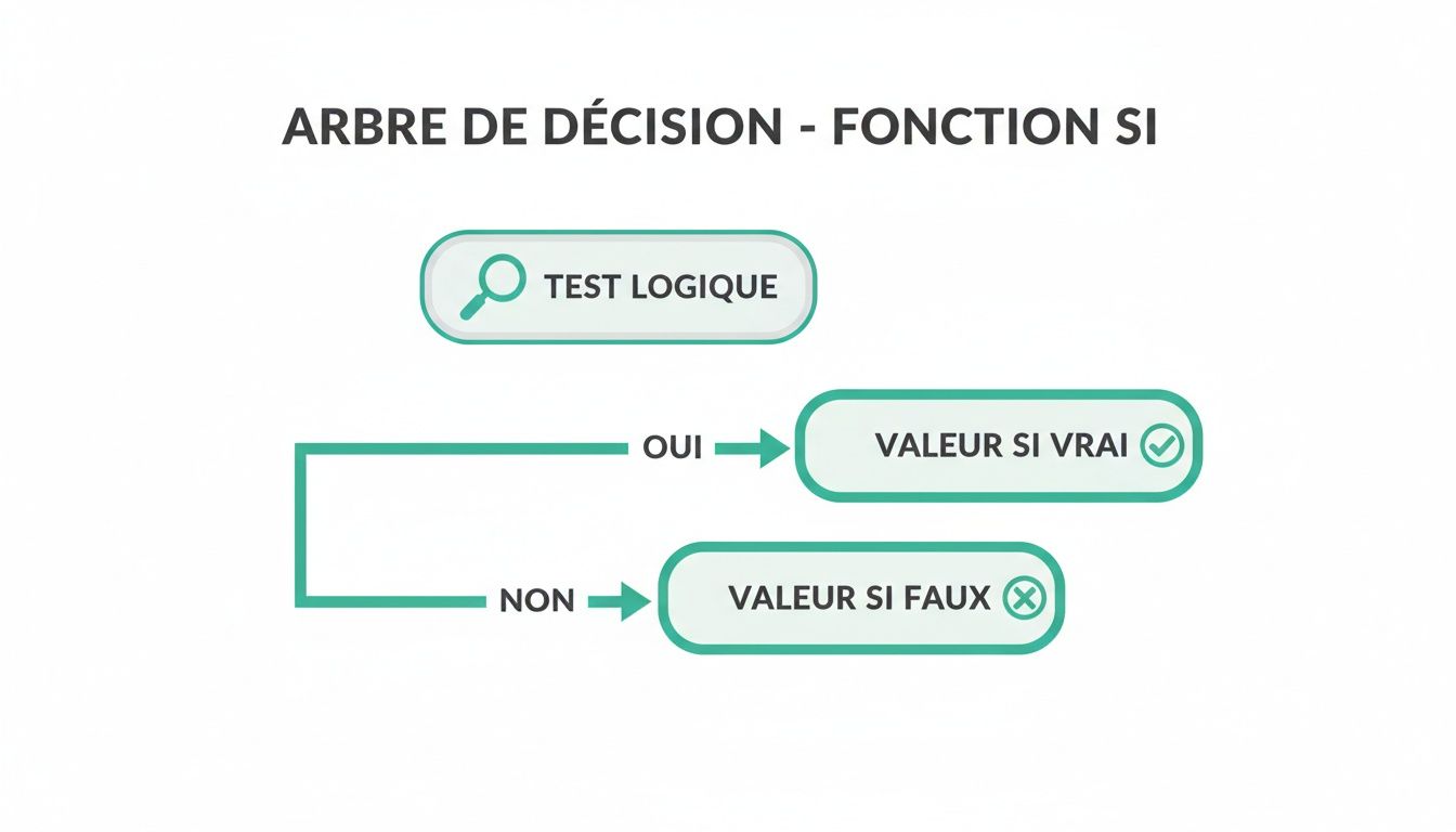 Diagramme d'un arbre de décision expliquant la fonction SI avec un test logique, une valeur vraie et une valeur fausse.