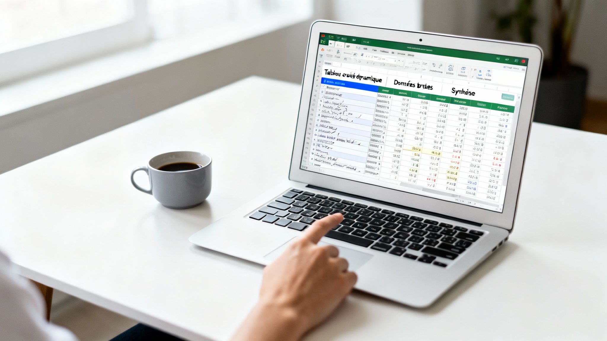 Main d'une personne travaillant sur un ordinateur portable affichant un tableau croisé dynamique Excel, avec une tasse de café.