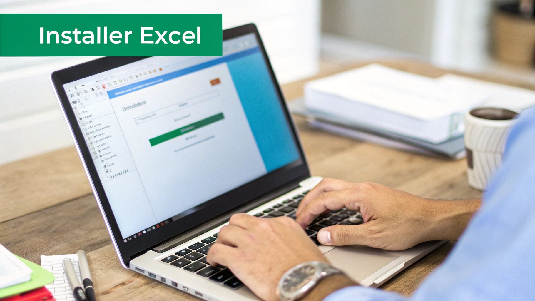 Un homme tape sur son ordinateur portable, dont l'écran affiche une page d'installation pour Excel. Des documents et une tasse sont sur le bureau.