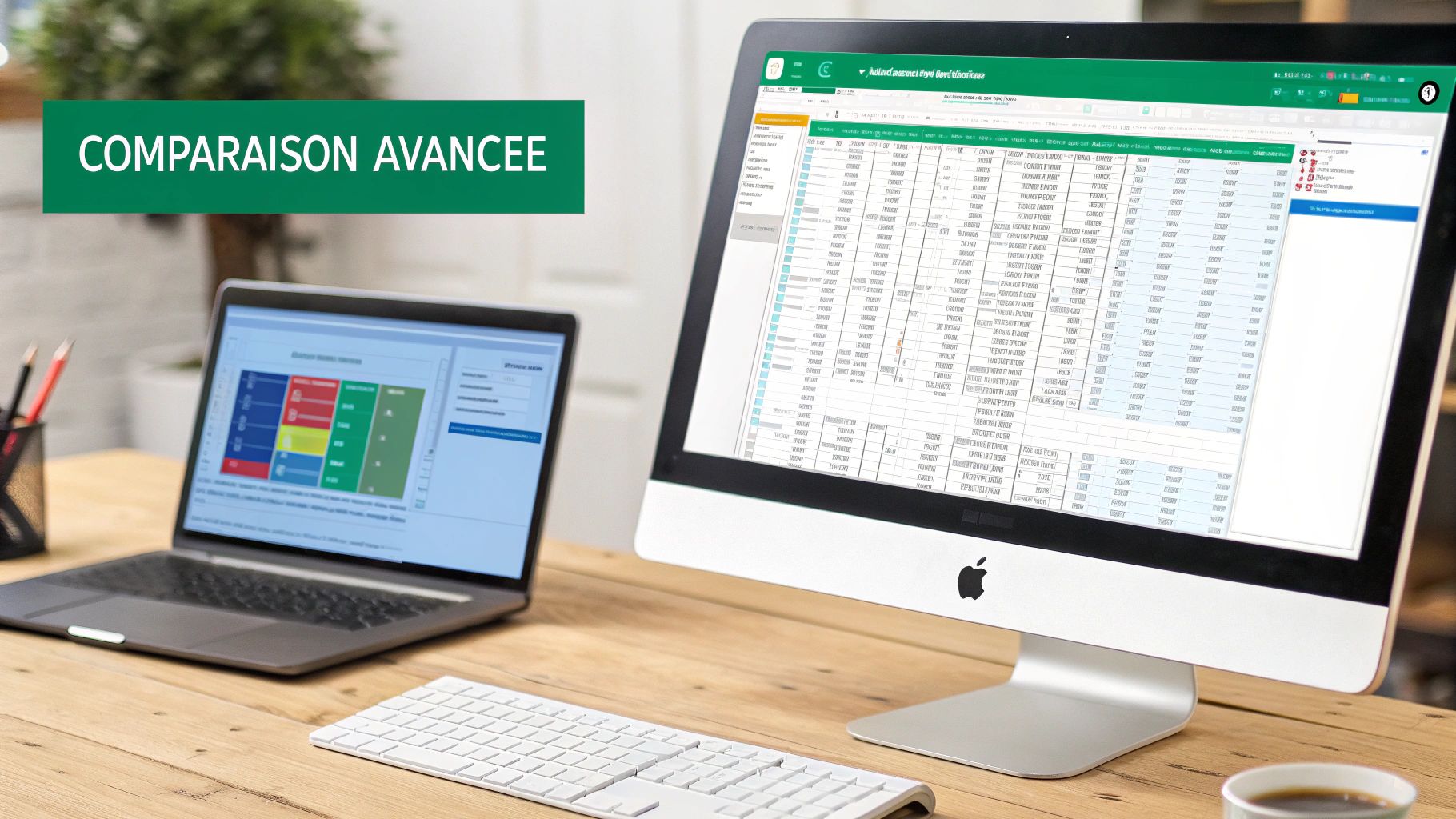 Deux ordinateurs affichant des données et des graphiques pour une comparaison avancée sur un bureau en bois.