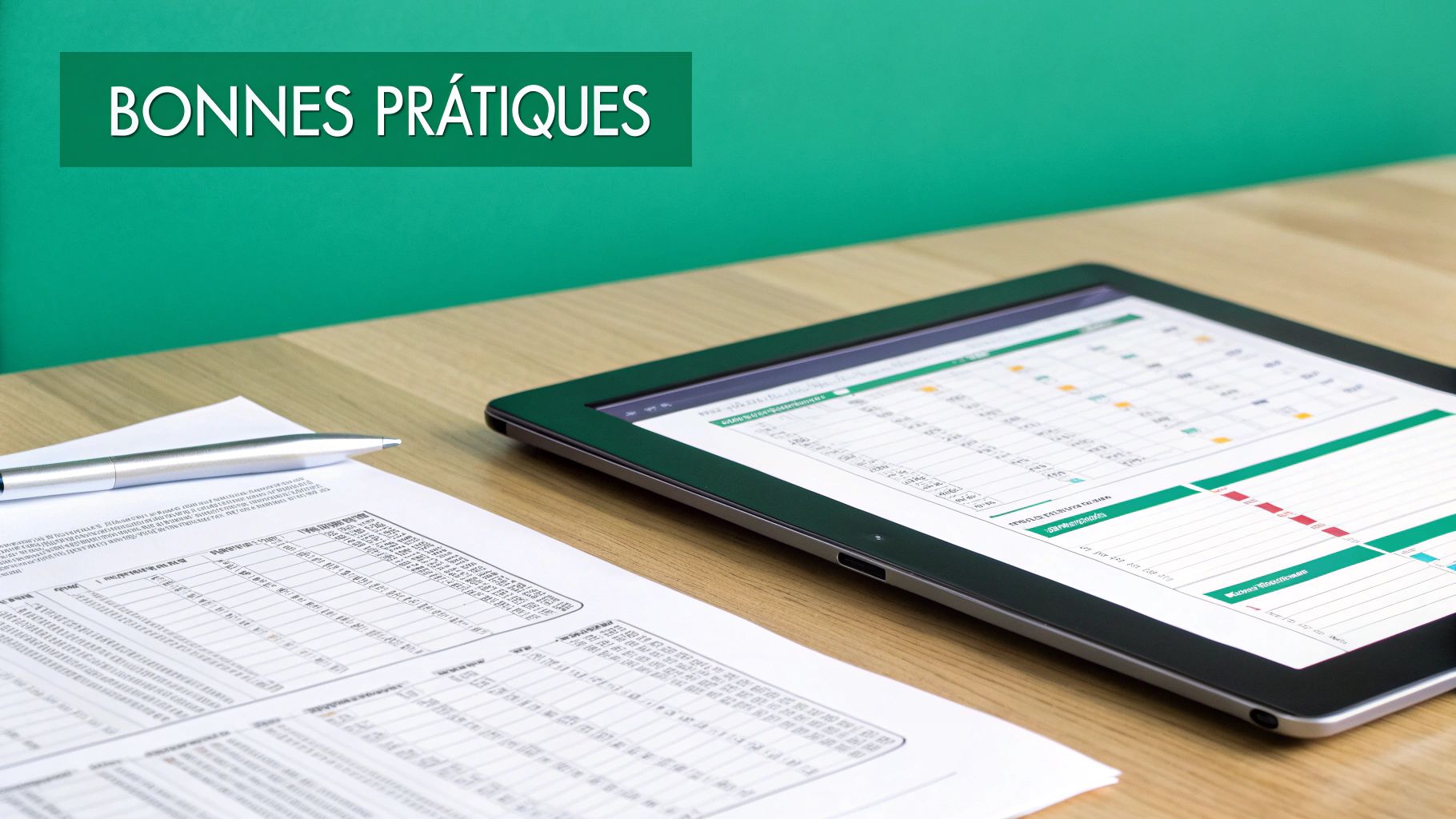 Bureau avec tablette, documents et stylo, illustrant les 'BONNES PRATIQUES' pour la productivité.