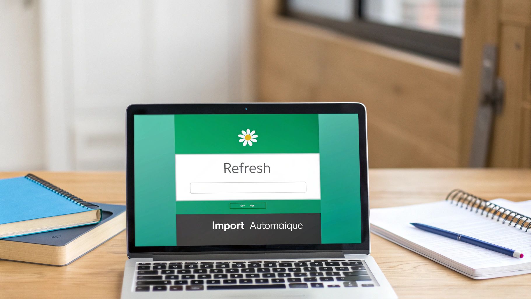 Ordinateur portable sur bureau en bois affichant un écran vert avec "Refresh" et "Import Automatique", à côté de carnets.