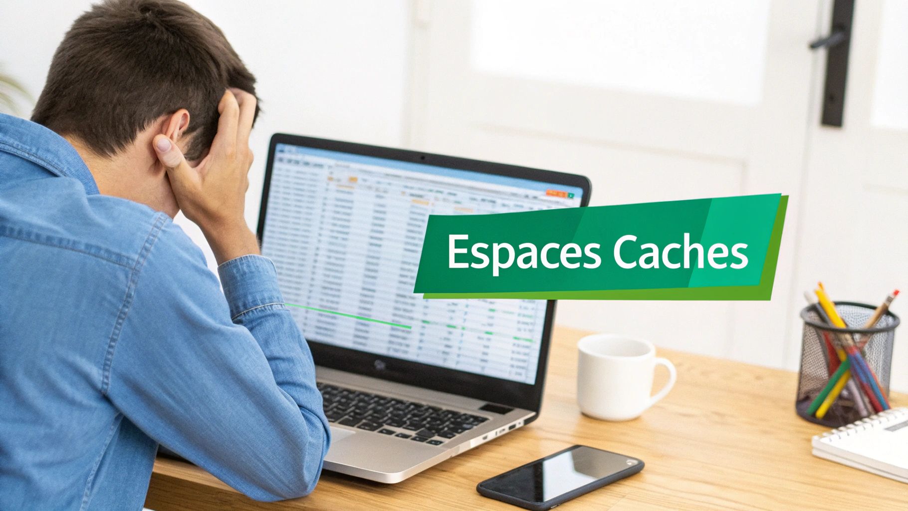 Un homme en chemise jean, l'air préoccupé, devant son ordinateur portable affichant une feuille de calcul Excel. Bannière 'Espaces Caches'.