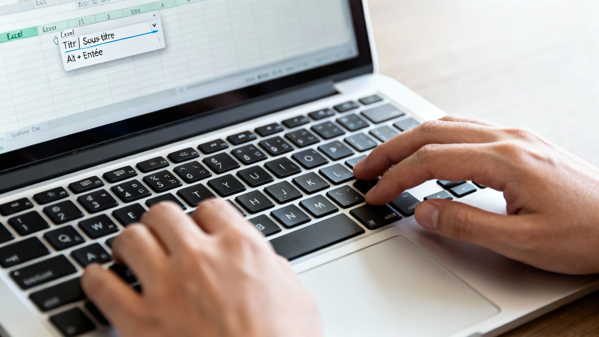 Mains tapant sur un clavier d'ordinateur portable. L'écran affiche une feuille de calcul Excel avec un menu déroulant de formatage.