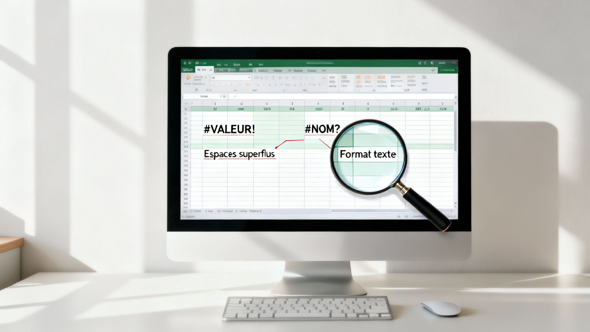 Écran d'ordinateur affichant une feuille Excel avec des erreurs (#VALEUR!, #NOM?) et une loupe soulignant les problèmes de format.