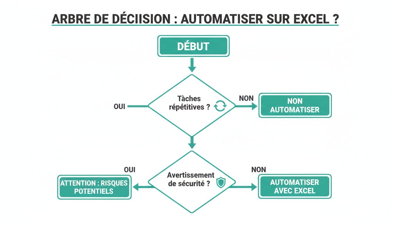 Arbre de décision pour l'automatisation de tâches sur Excel, évaluant les tâches répétitives et les avertissements de sécurité potentiels.