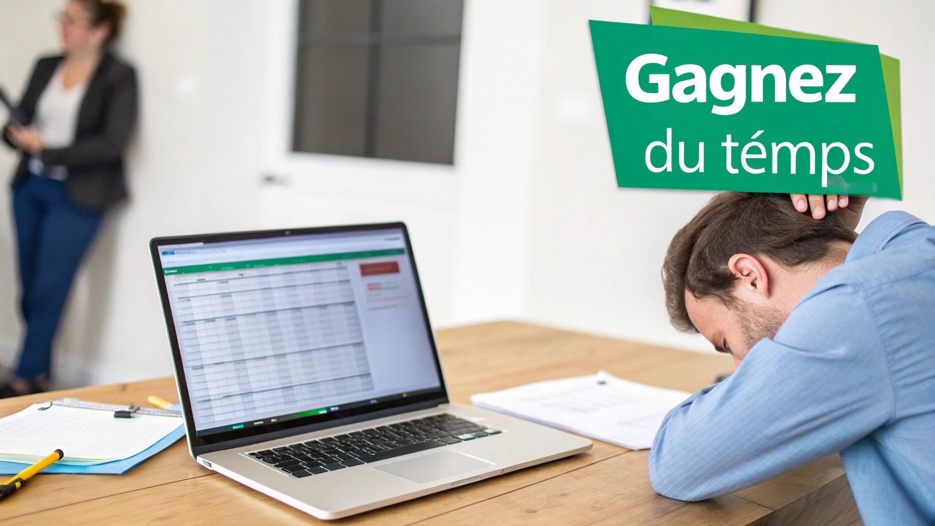 Homme stressé au bureau, devant un ordinateur portable affichant un tableau, avec le texte 'Gagnez du temps'.
