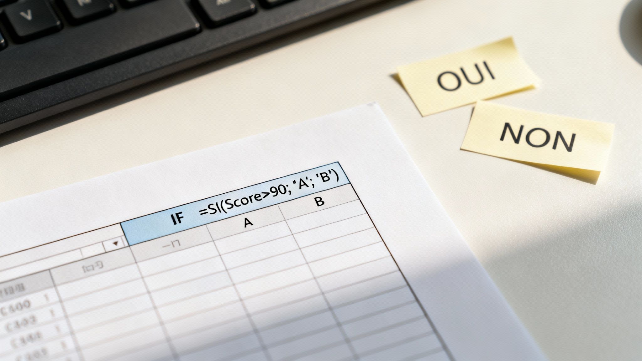 Une feuille de calcul affichant une formule Excel SI, avec des post-it OUI et NON à côté d'un clavier.