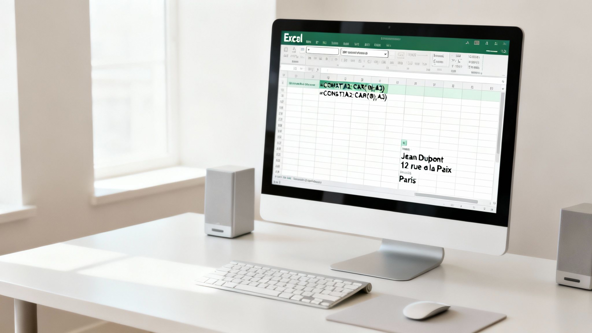Un écran d'ordinateur affiche un tableau Excel avec des formules et une adresse sur un bureau clair.