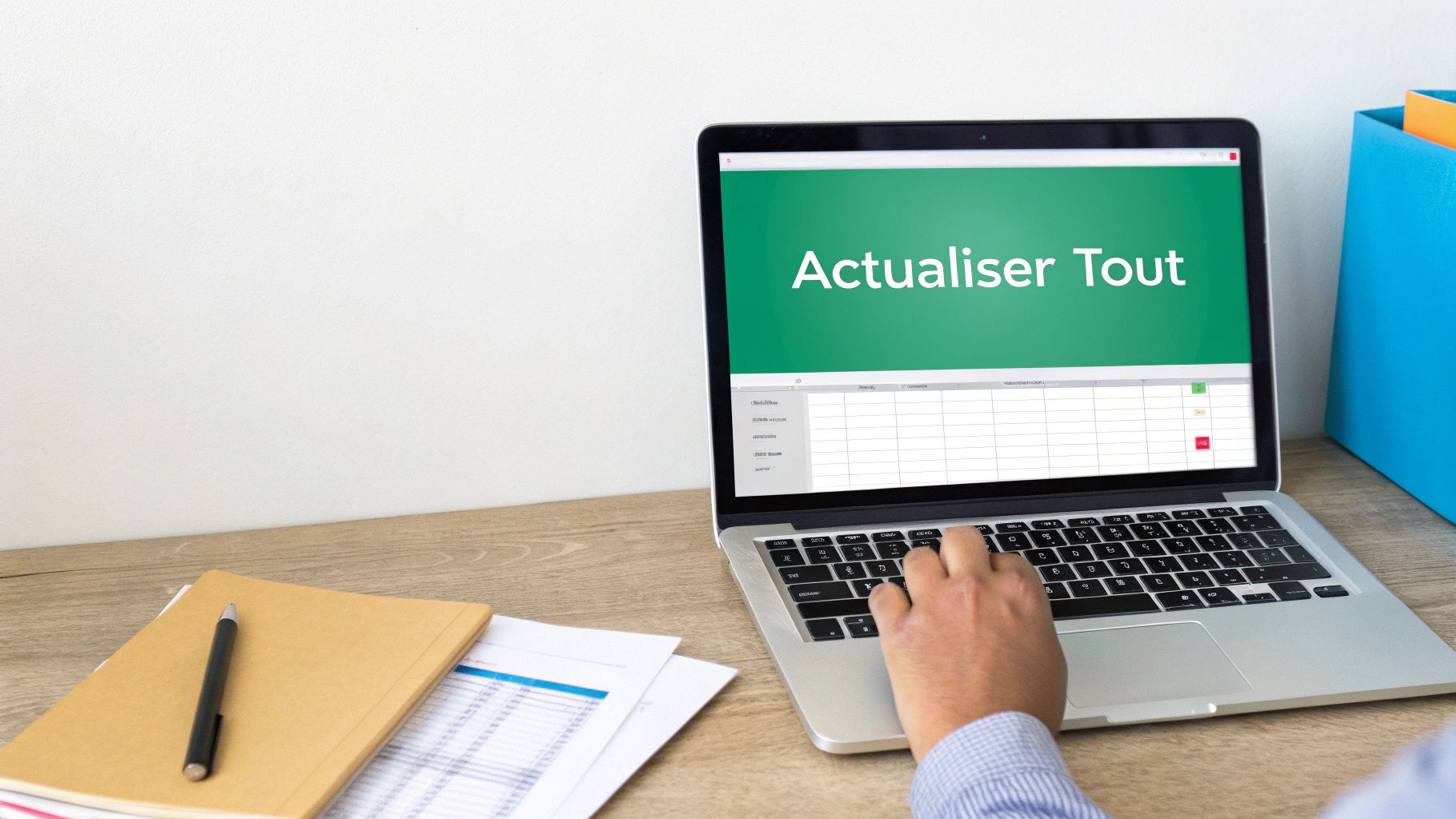 Main d'une personne travaillant sur un ordinateur portable affichant "Actualiser Tout", avec des documents et un stylo sur un bureau.