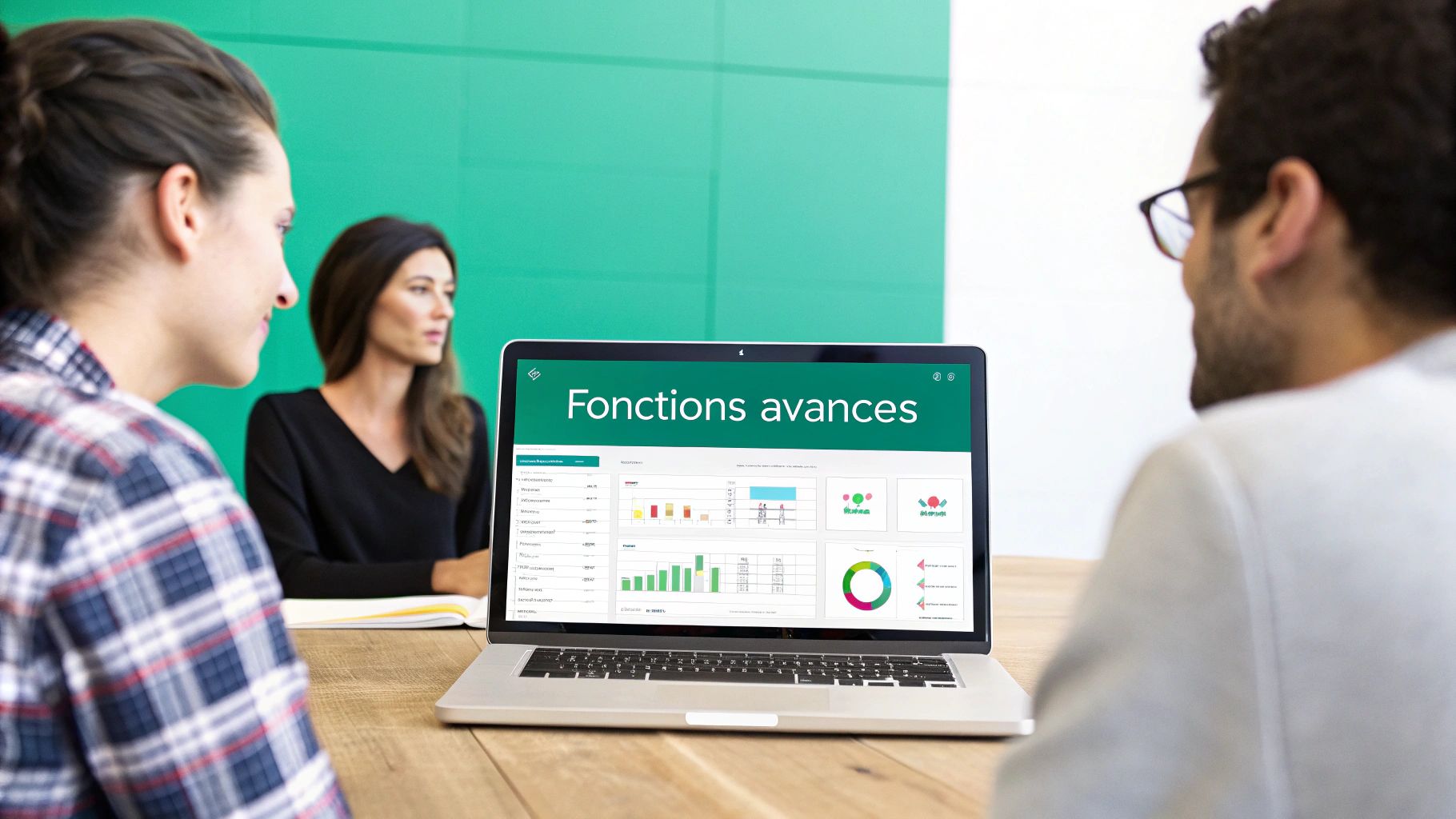 Trois personnes collaborent autour d'un ordinateur portable affichant des graphiques et des données d'analyse.