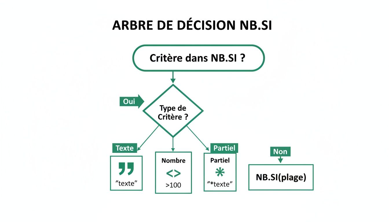 Diagramme de décision pour la fonction NB.SI d'Excel, expliquant la gestion des critères texte, nombre ou partiels.