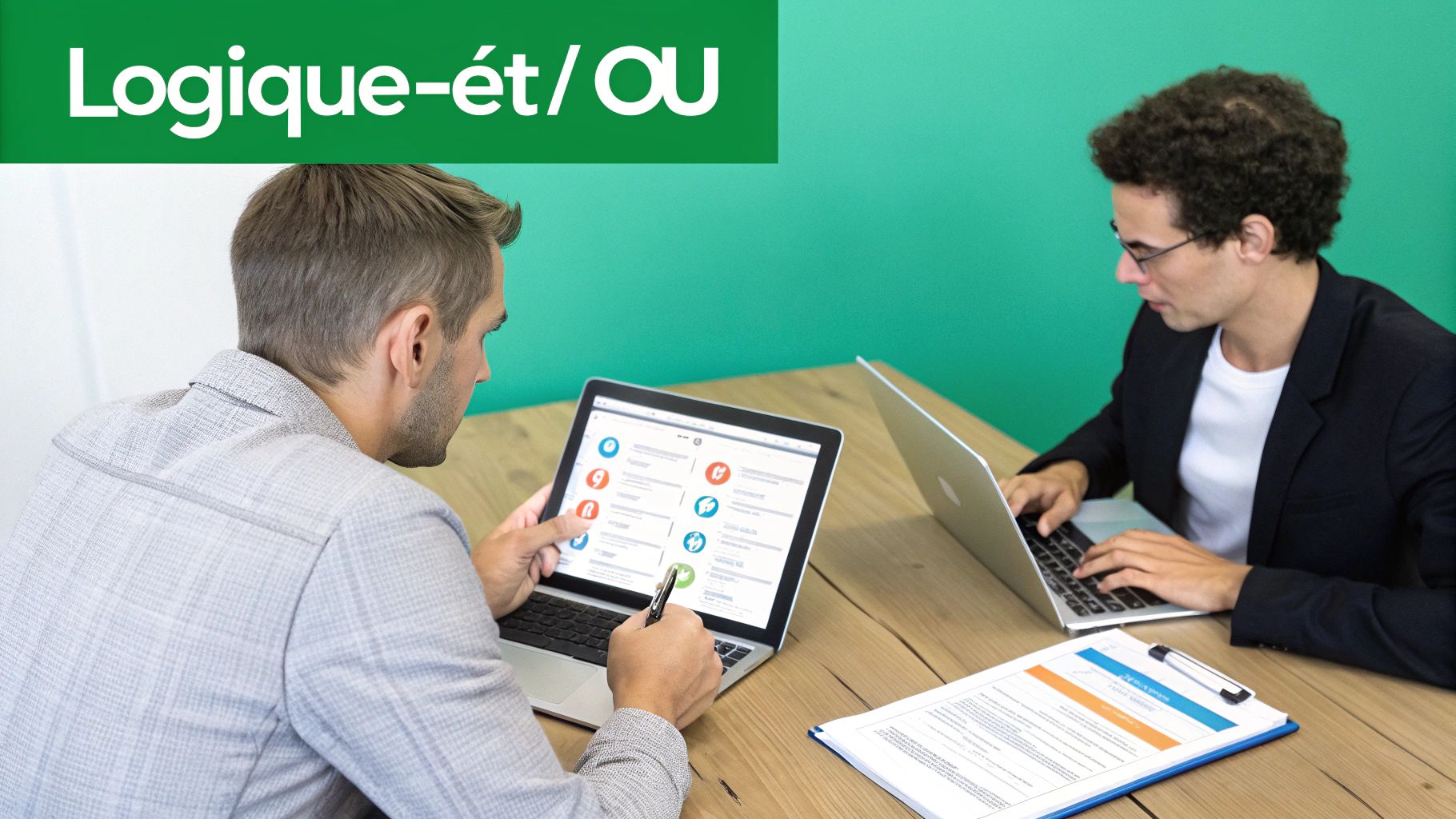 Deux hommes travaillent sur des ordinateurs portables à une table en bois, l'un pointant l'écran, avec une bannière 'Logique-ét/OU'.