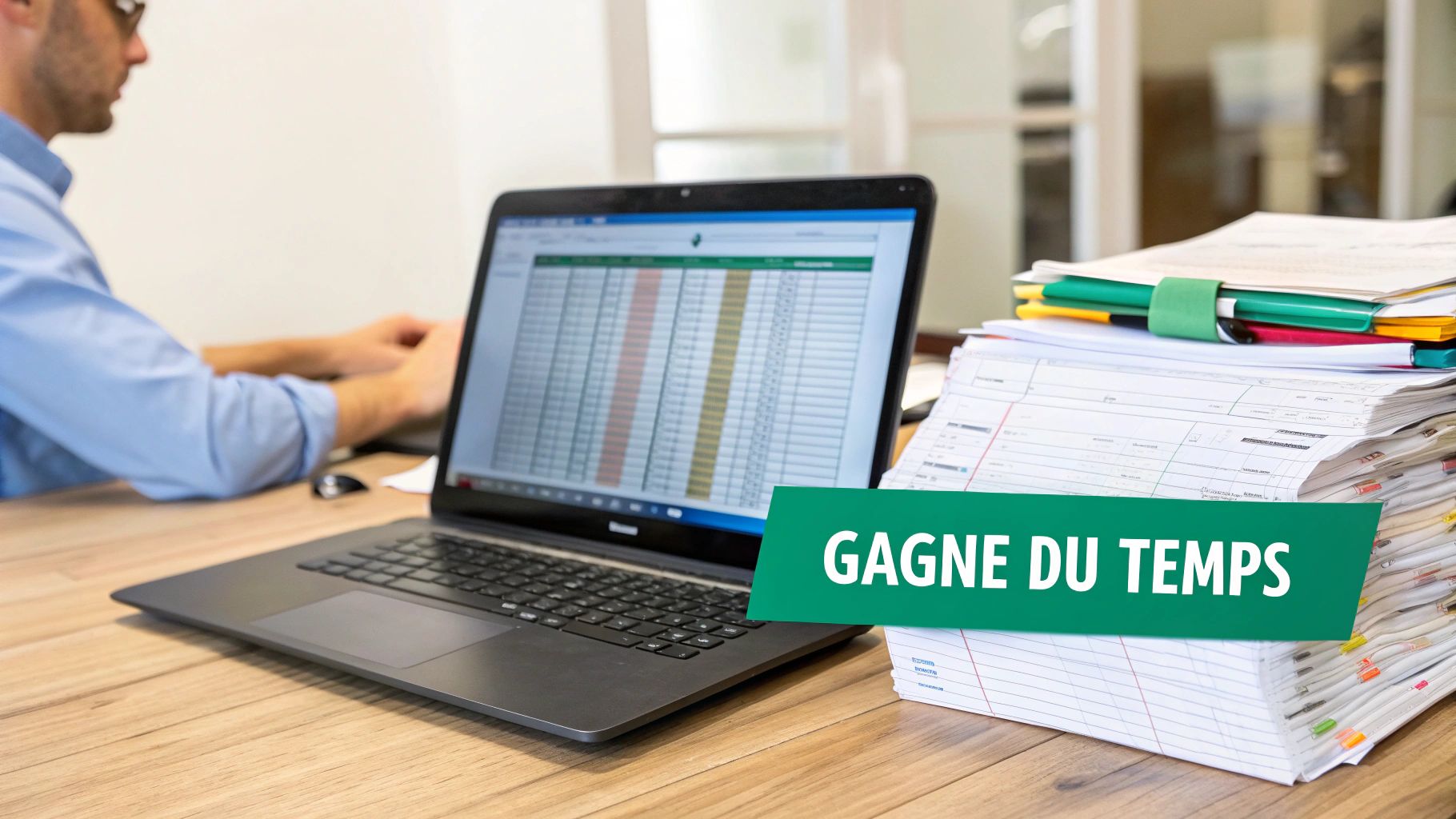 Un homme utilise un ordinateur portable affichant un tableau de données, avec une pile de documents et le texte "GAGNE DU TEMPS".