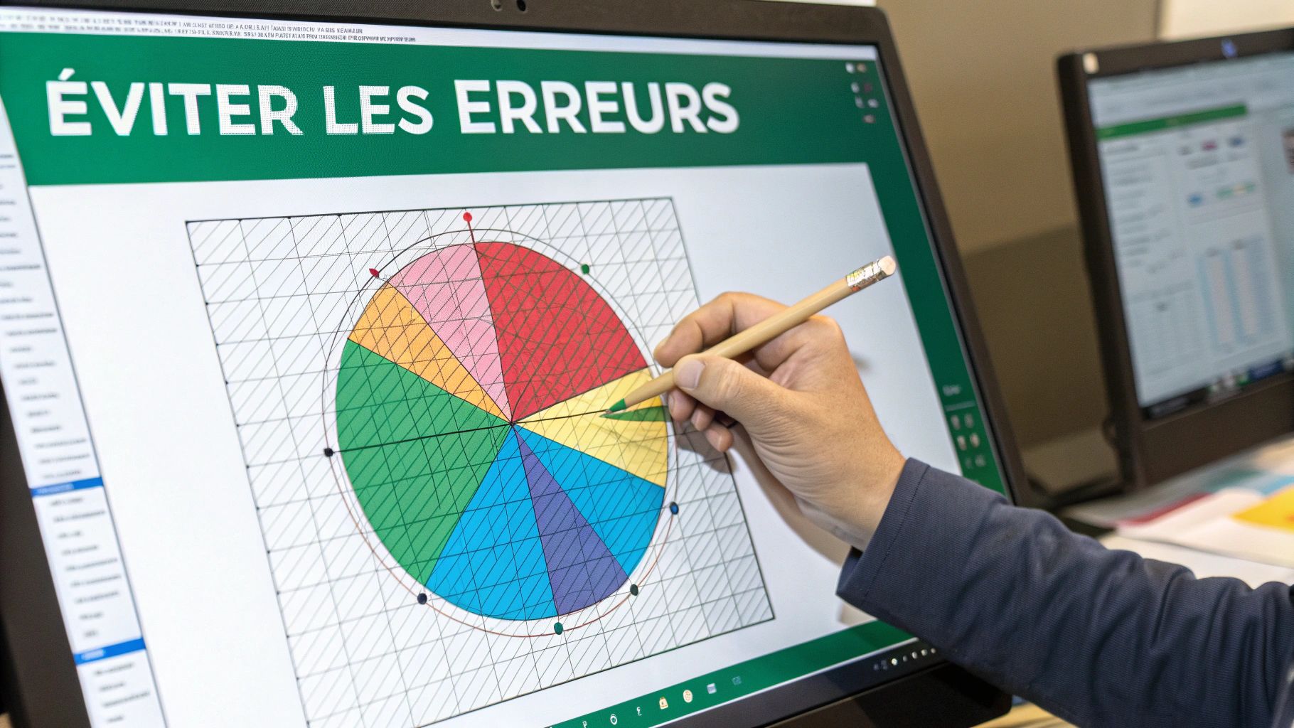 Main pointant un graphique circulaire multicolore sur un écran d'ordinateur affichant « ÉVITER LES ERREURS ».