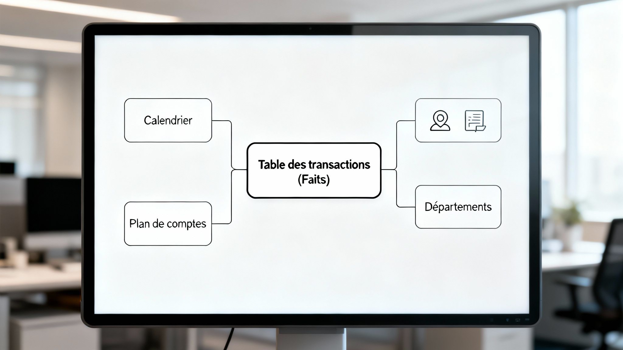 Modèle de données financier affiché sur un écran d'ordinateur, illustrant les relations entre les transactions, le calendrier, le plan de comptes et les départements.