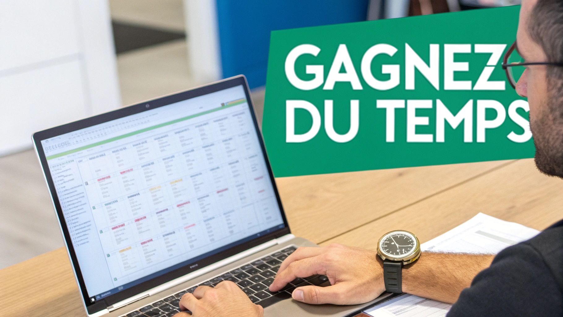 Un homme travaille sur un ordinateur portable affichant un tableau, avec un panneau "GAGNEZ DU TEMPS" en arrière-plan.
