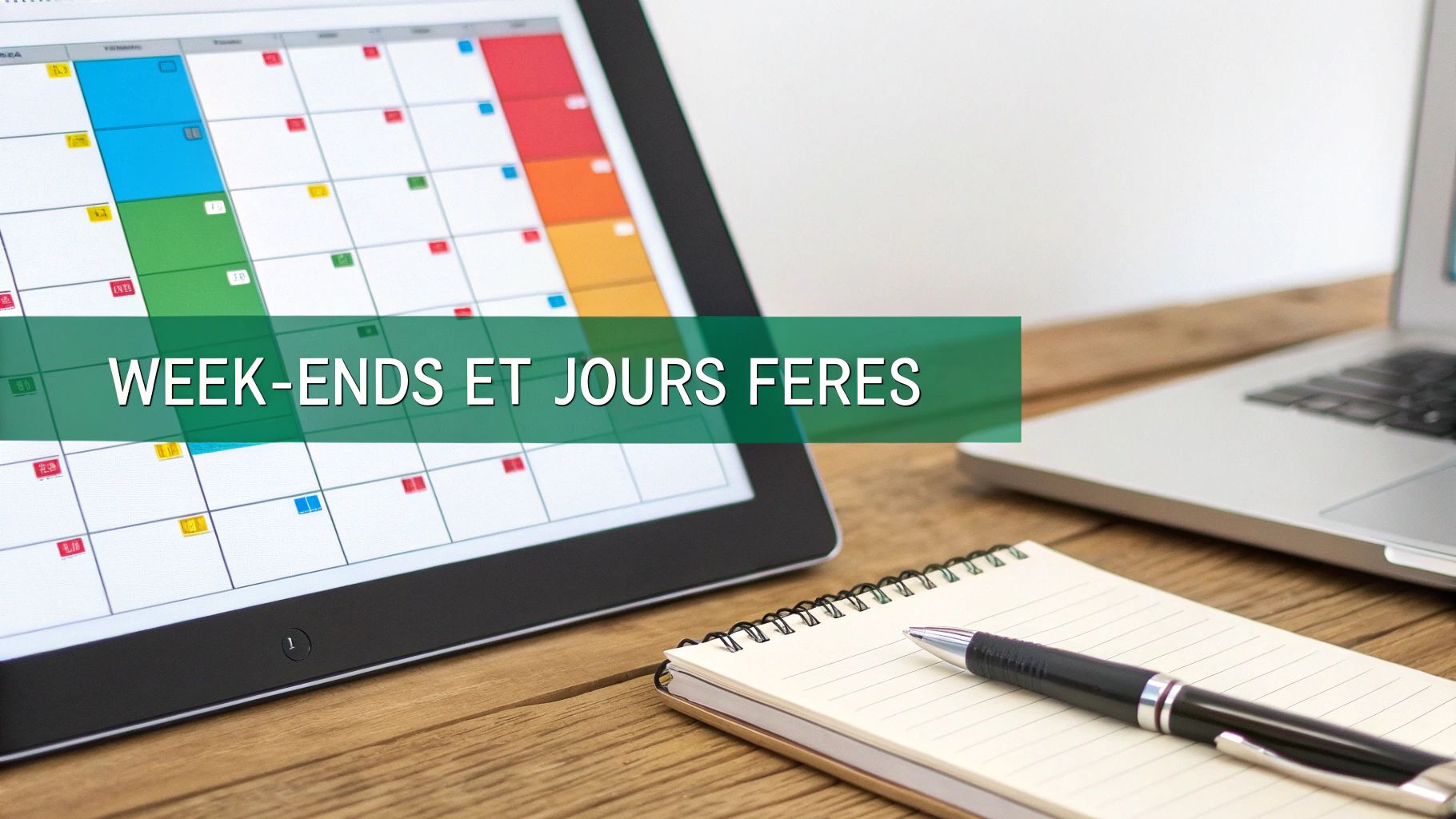 Une tablette affichant un calendrier coloré, un stylo et un carnet sur un bureau en bois avec un ordinateur portable. Le texte "WEEK-ENDS ET JOURS FERES" est superposé.