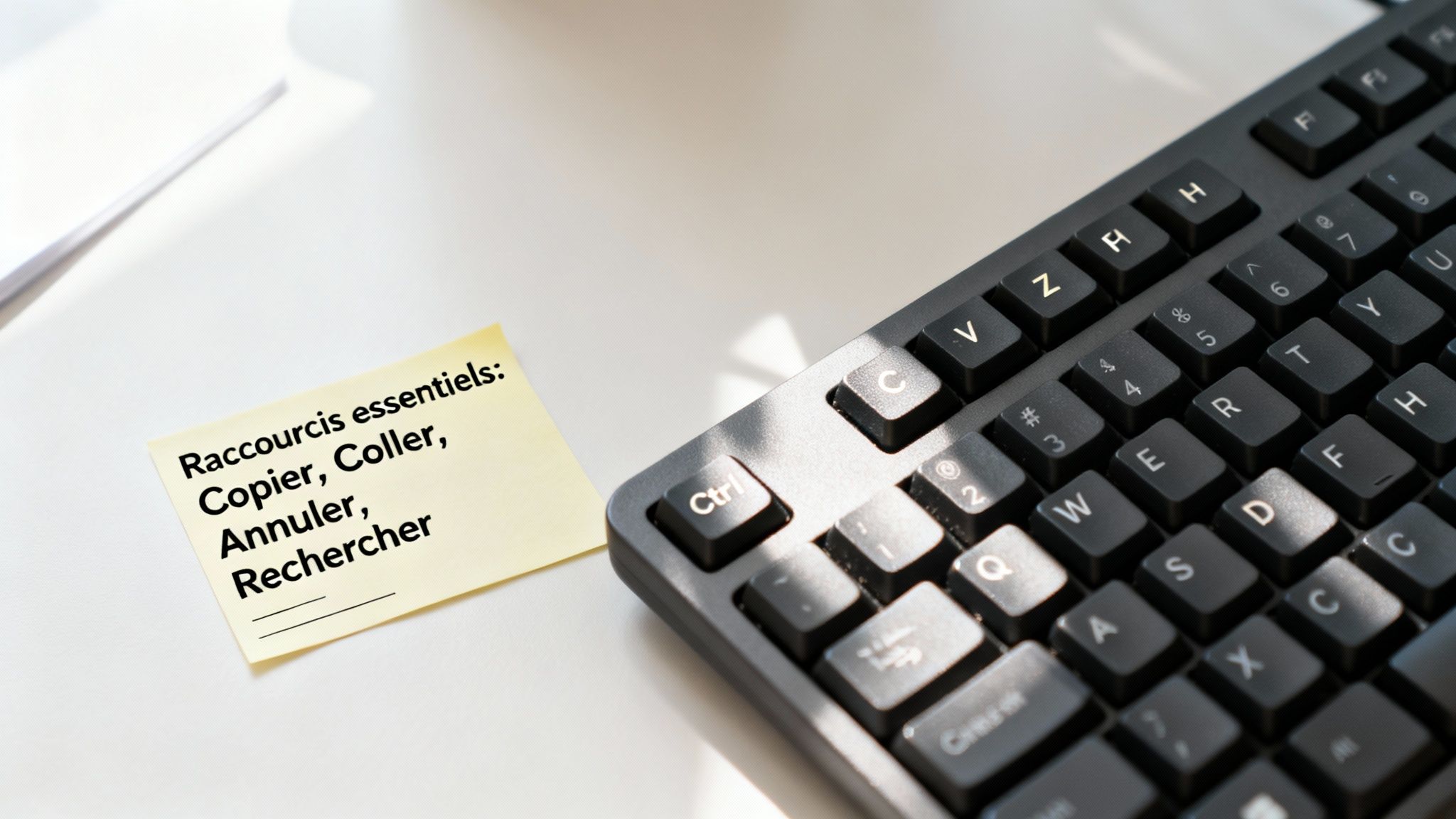 Clavier d'ordinateur et note autocollante jaune avec des raccourcis essentiels: Copier, Coller, Annuler, Rechercher.