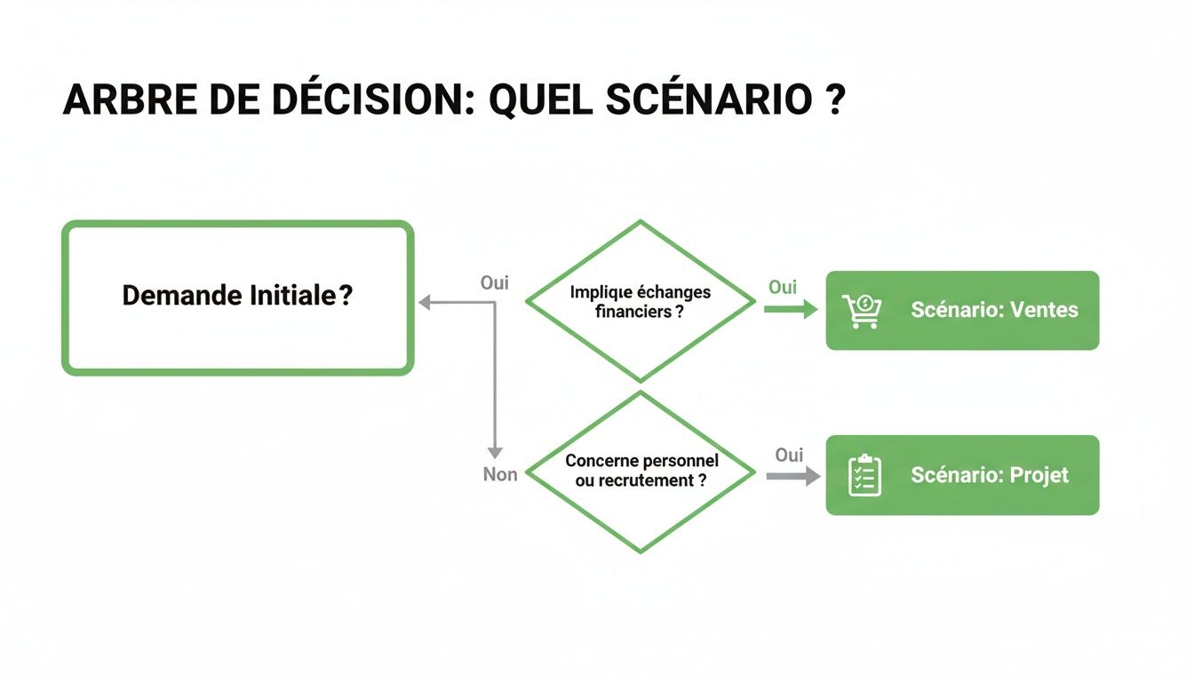 Diagramme d'arbre de décision en français pour identifier un scénario (ventes ou projet) basé sur une demande initiale.