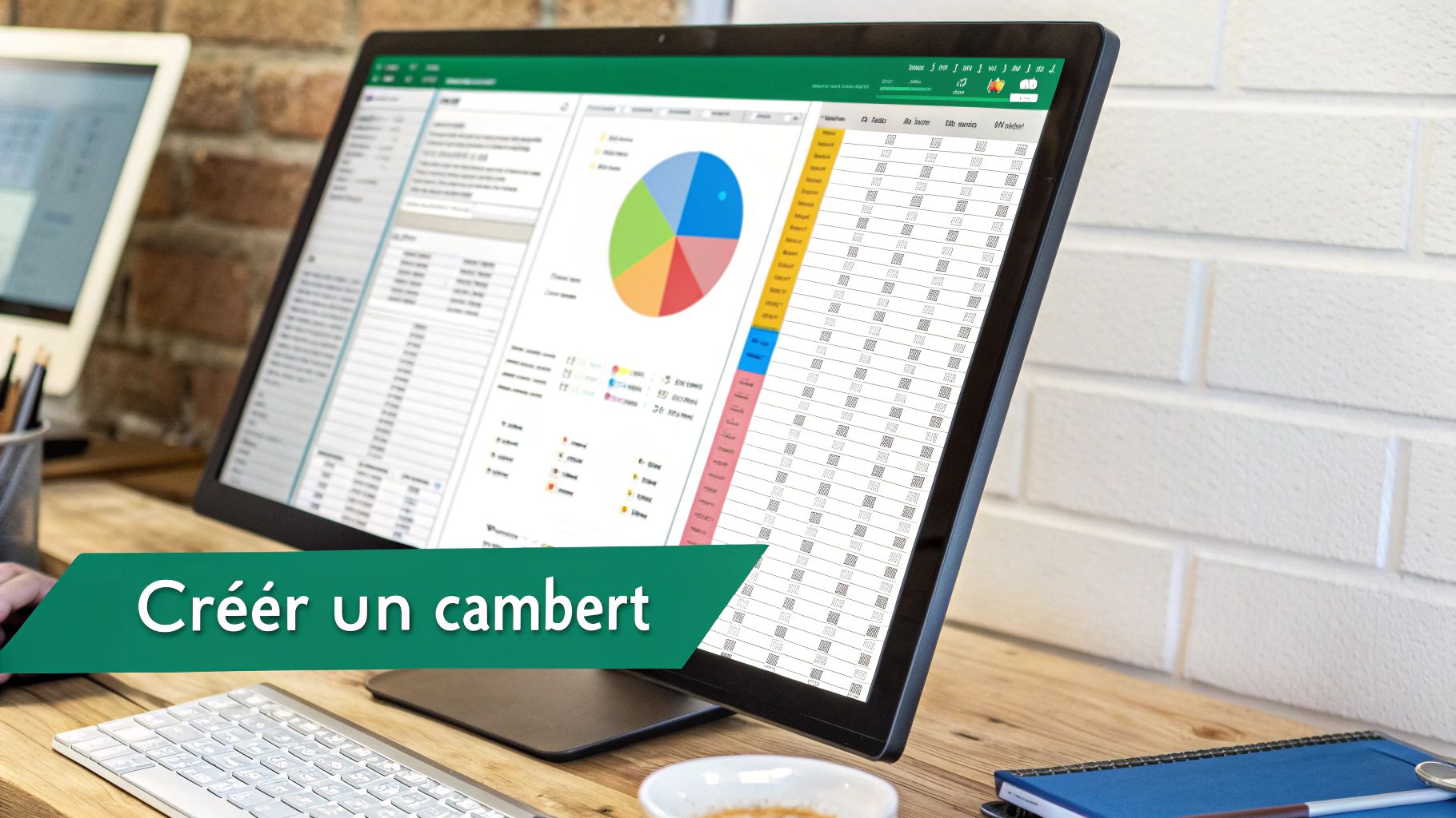 Un écran d'ordinateur affiche un tableau Excel avec un graphique en camembert sur un bureau en bois, avec un clavier et une tasse de café.
