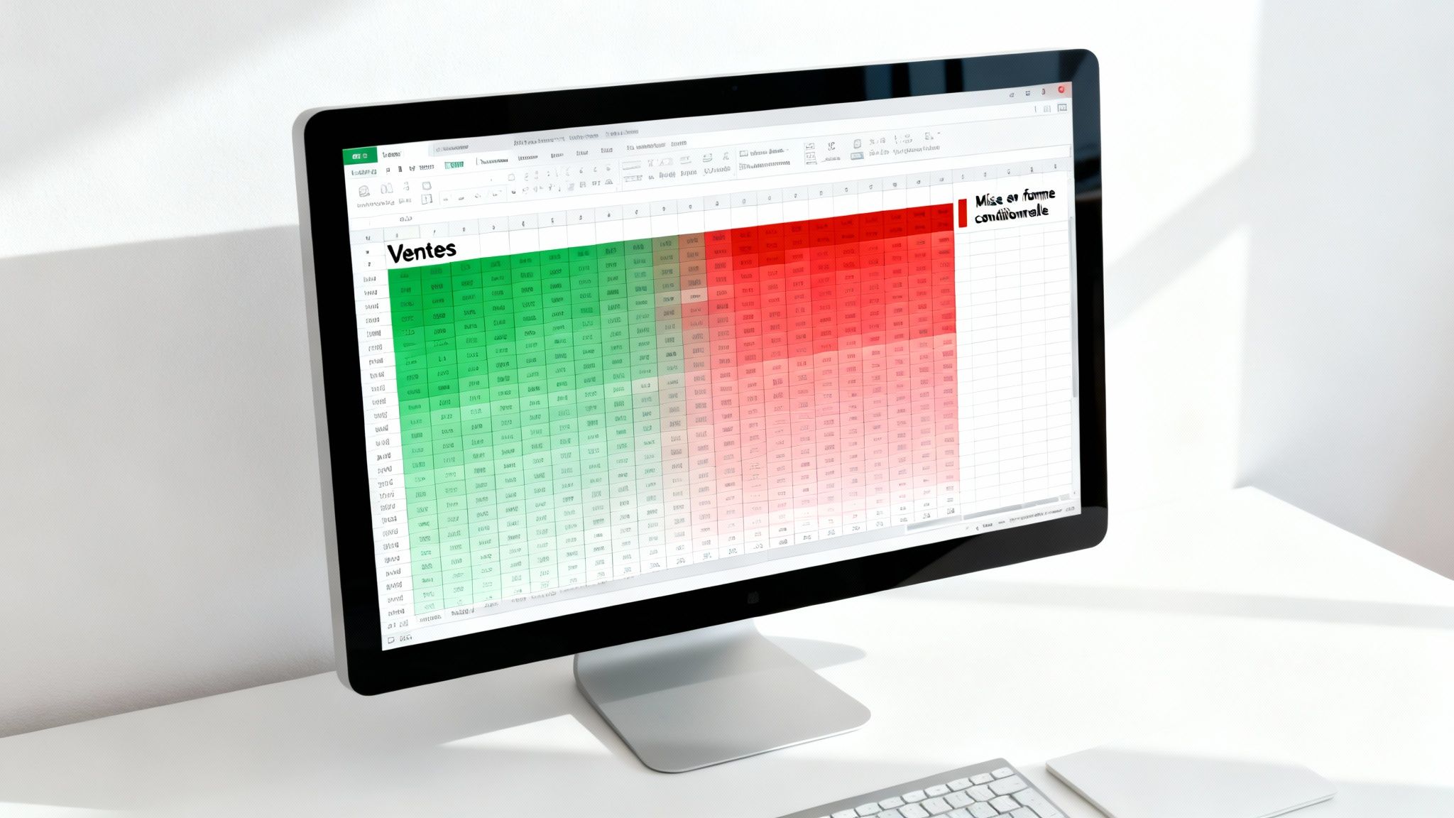 Écran d'ordinateur affichant une feuille de calcul Excel avec des données de ventes et une mise en forme conditionnelle visuellement distincte, du vert au rouge.