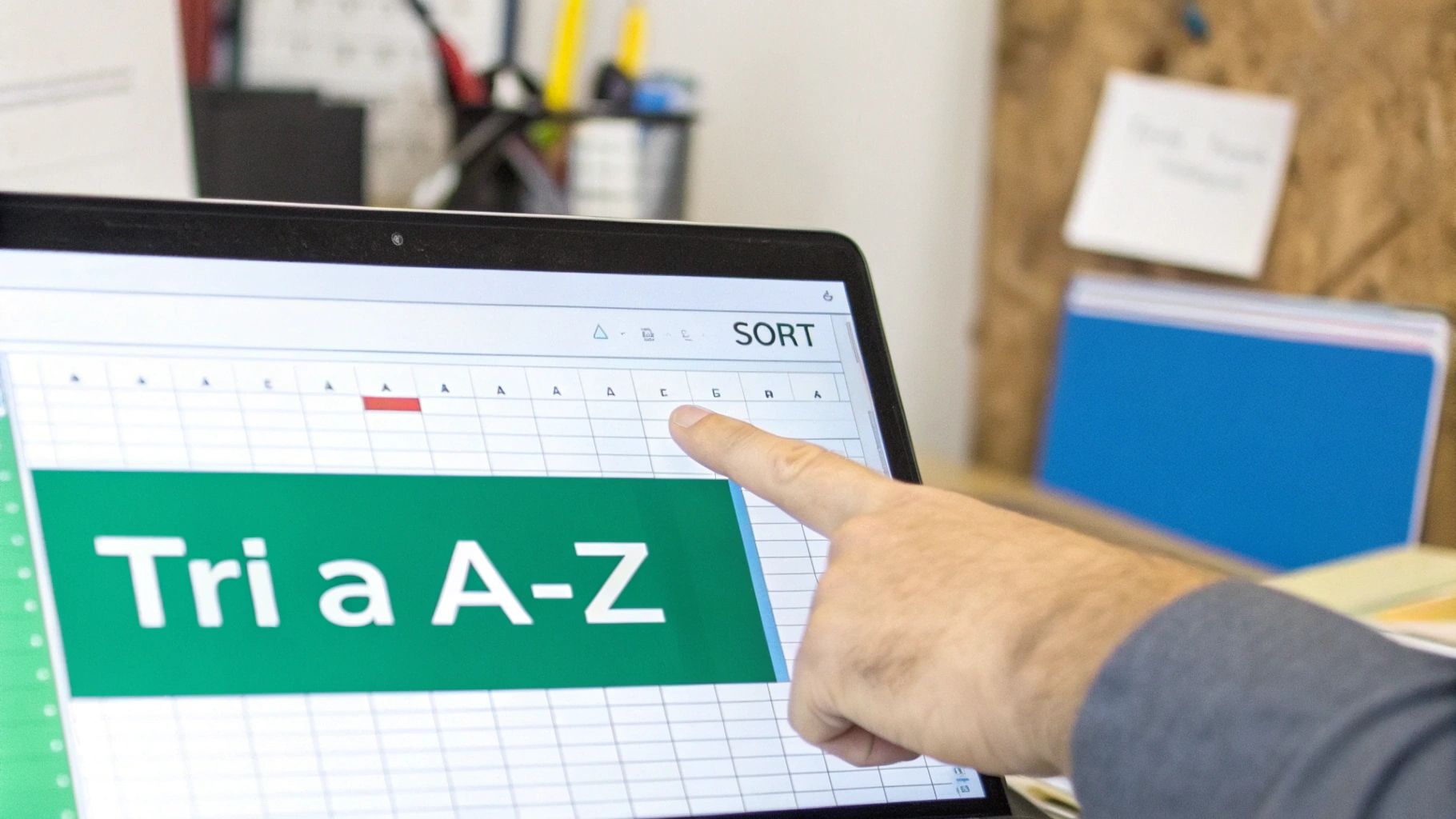 Main d'une personne pointant un écran d'ordinateur portable affichant un tableur avec les fonctions de tri A-Z.